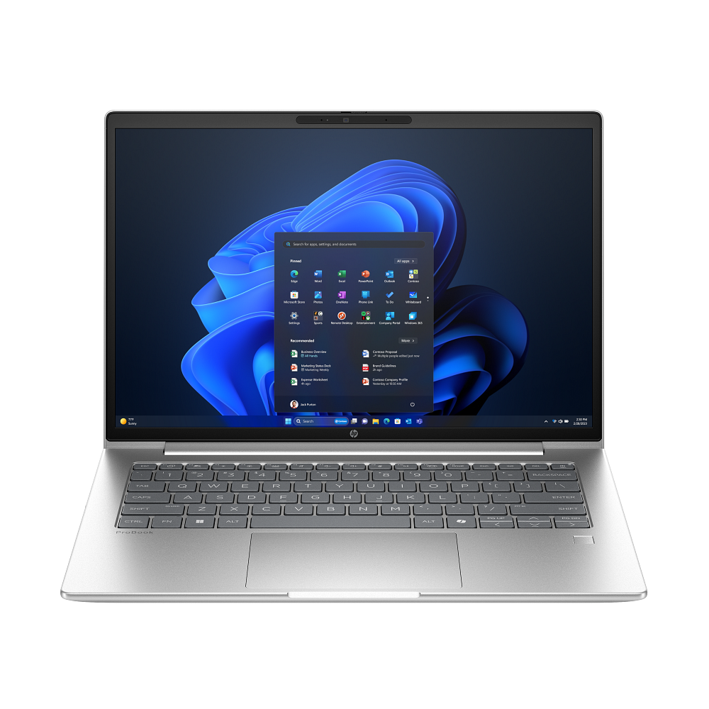 Gümüş HP dizüstü bilgisayar açık, mavi soyut duvar kağıdı ile Windows 11 başlat menüsünü gösteriyor.