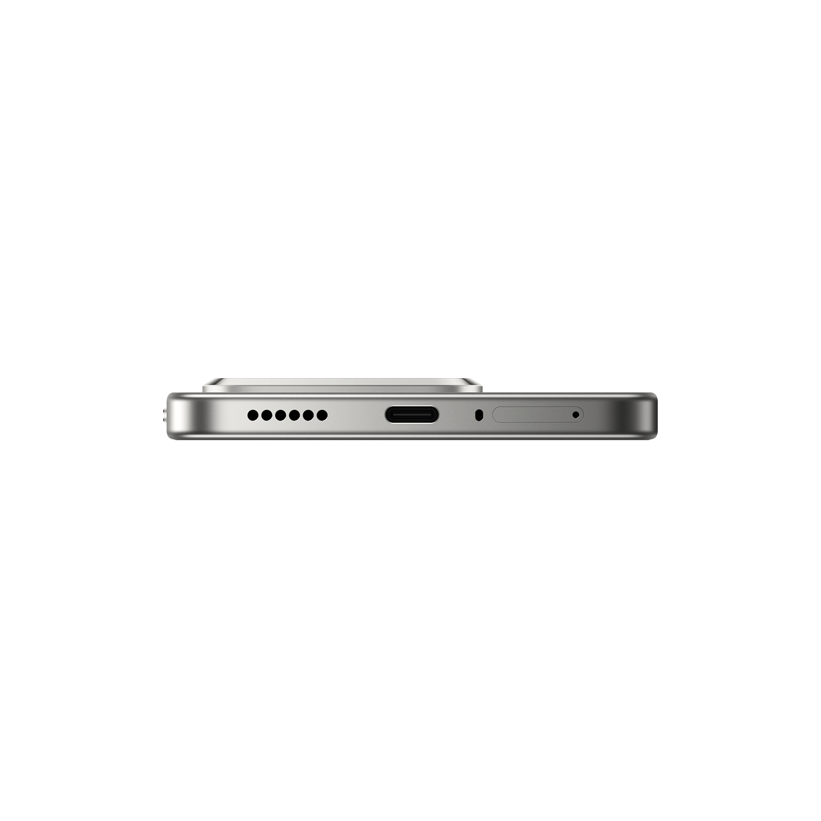 Silbernes Smartphone-Profil mit Lautsprecheröffnungen, USB-C-Anschluss und SIM-Schlitz.