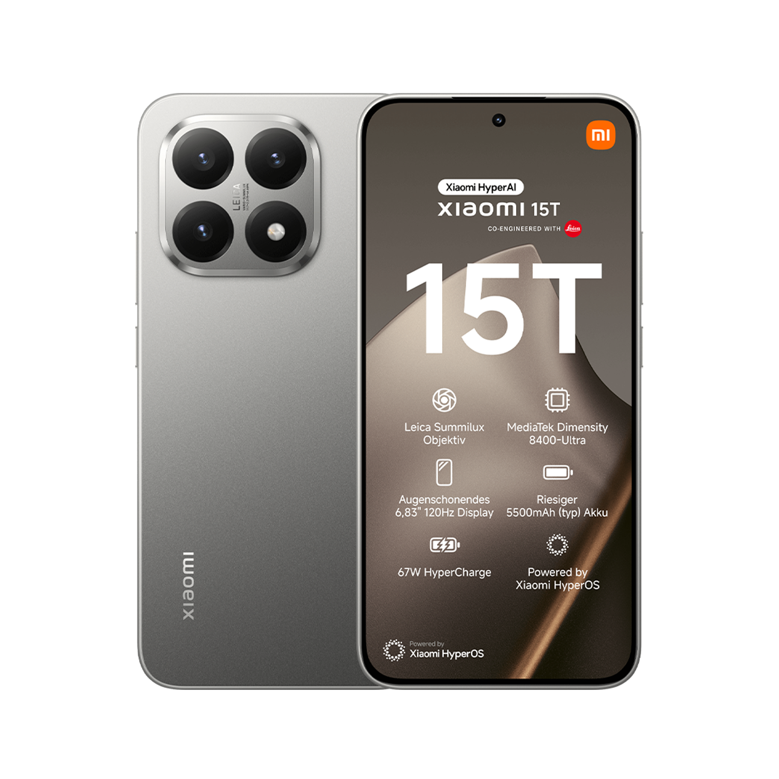 Silbernes Xiaomi 15T Smartphone mit Leica-Kamera und Display-Infos.