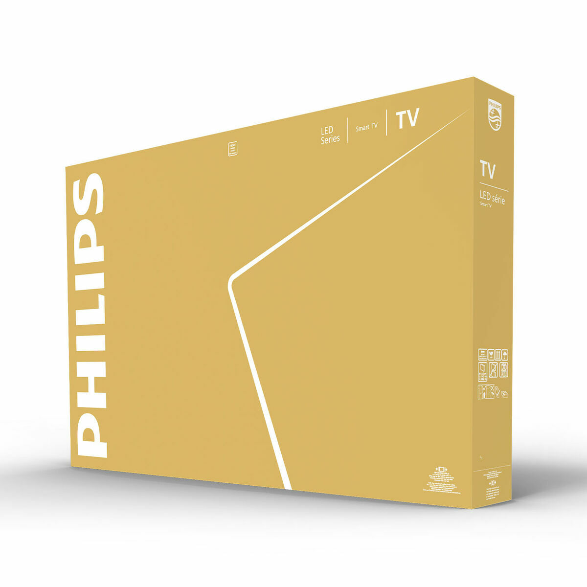 Złote pudełko telewizora Philips Smart TV z białym logo i liniami.