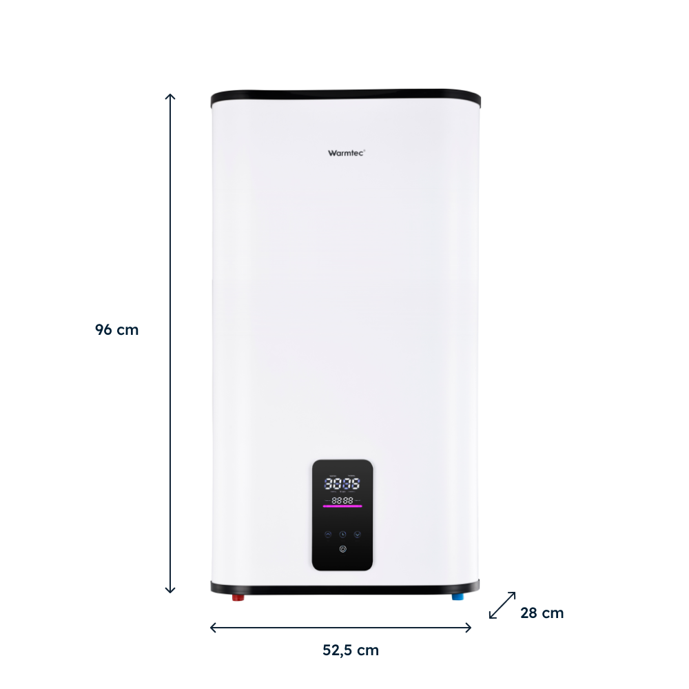 Biały podgrzewacz wody z cyfrowym wyświetlaczem, wymiary: 96 cm wys, 52,5 cm szer, 28 cm gł.