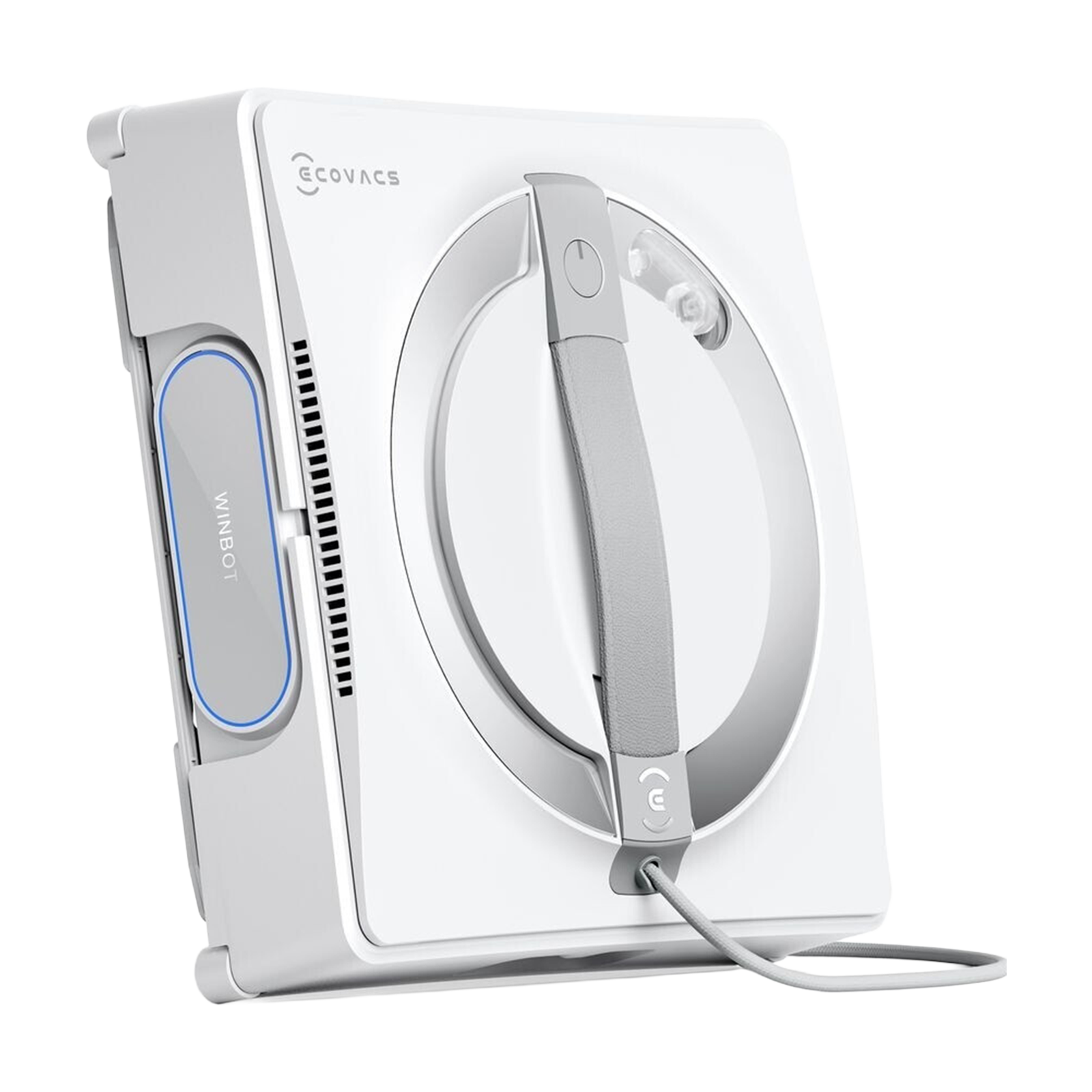 Weißer Ecovacs Winbot Fensterreinigungsroboter mit grauem Griff und Netzkabel.