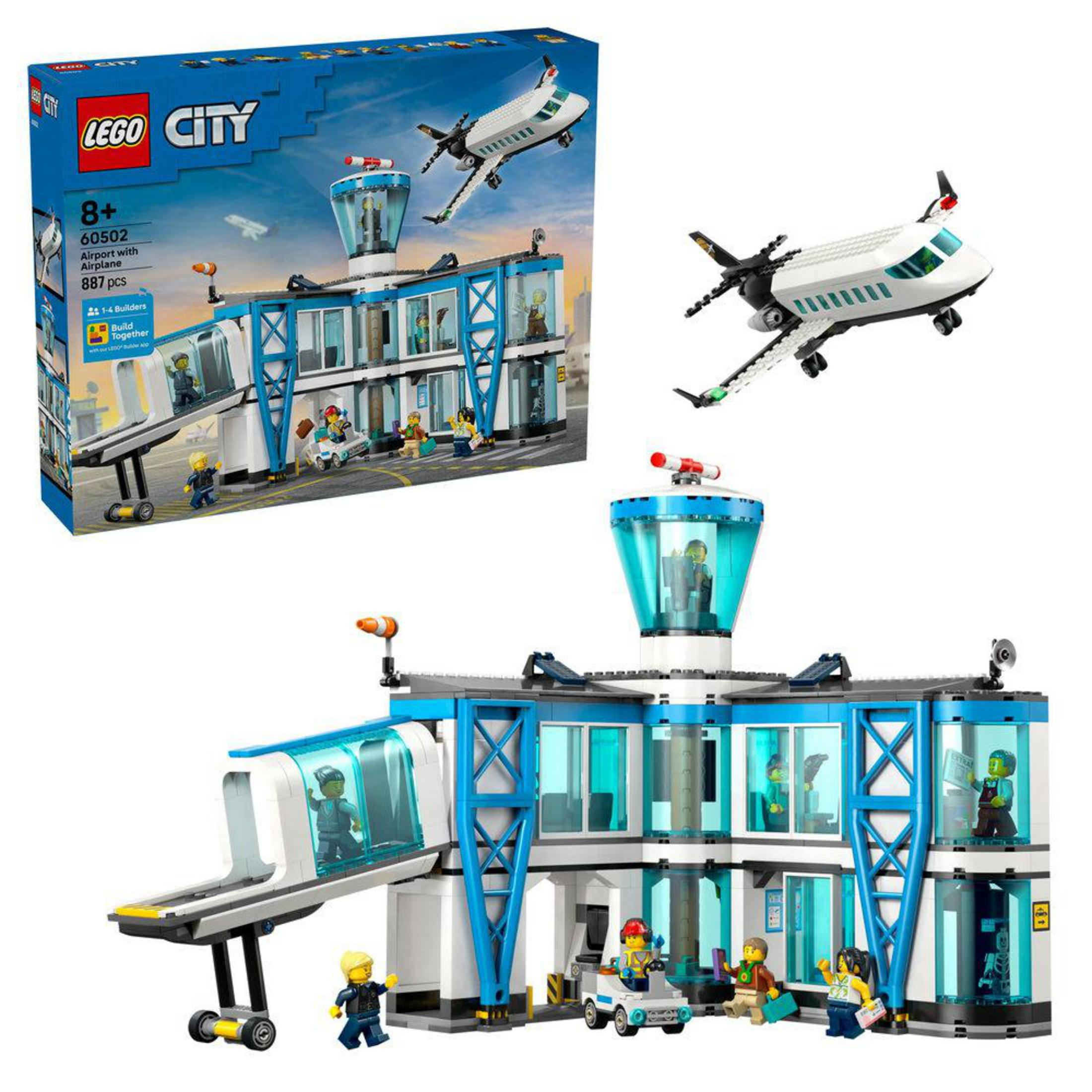 Terminal lotniska Lego City z samolotem, wieżą kontrolną, figurkami i pojazdem.
