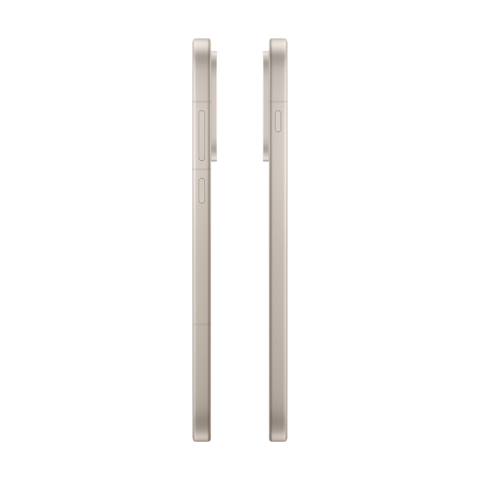 Zwei schmale, beige Smartphones nebeneinander, von der Seite gezeigt.