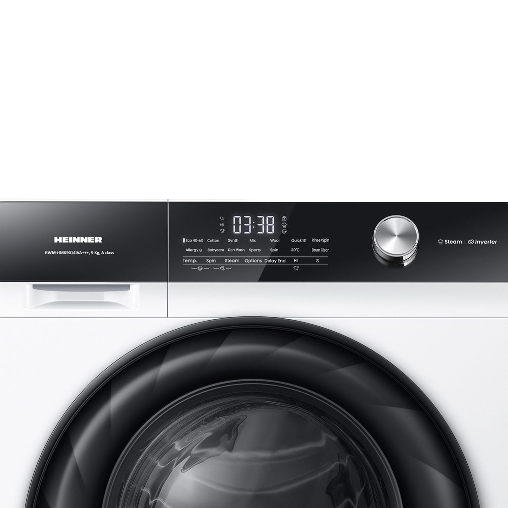 Heinner Waschmaschine mit digitaler Anzeige, Bedienelementen und Trommel.