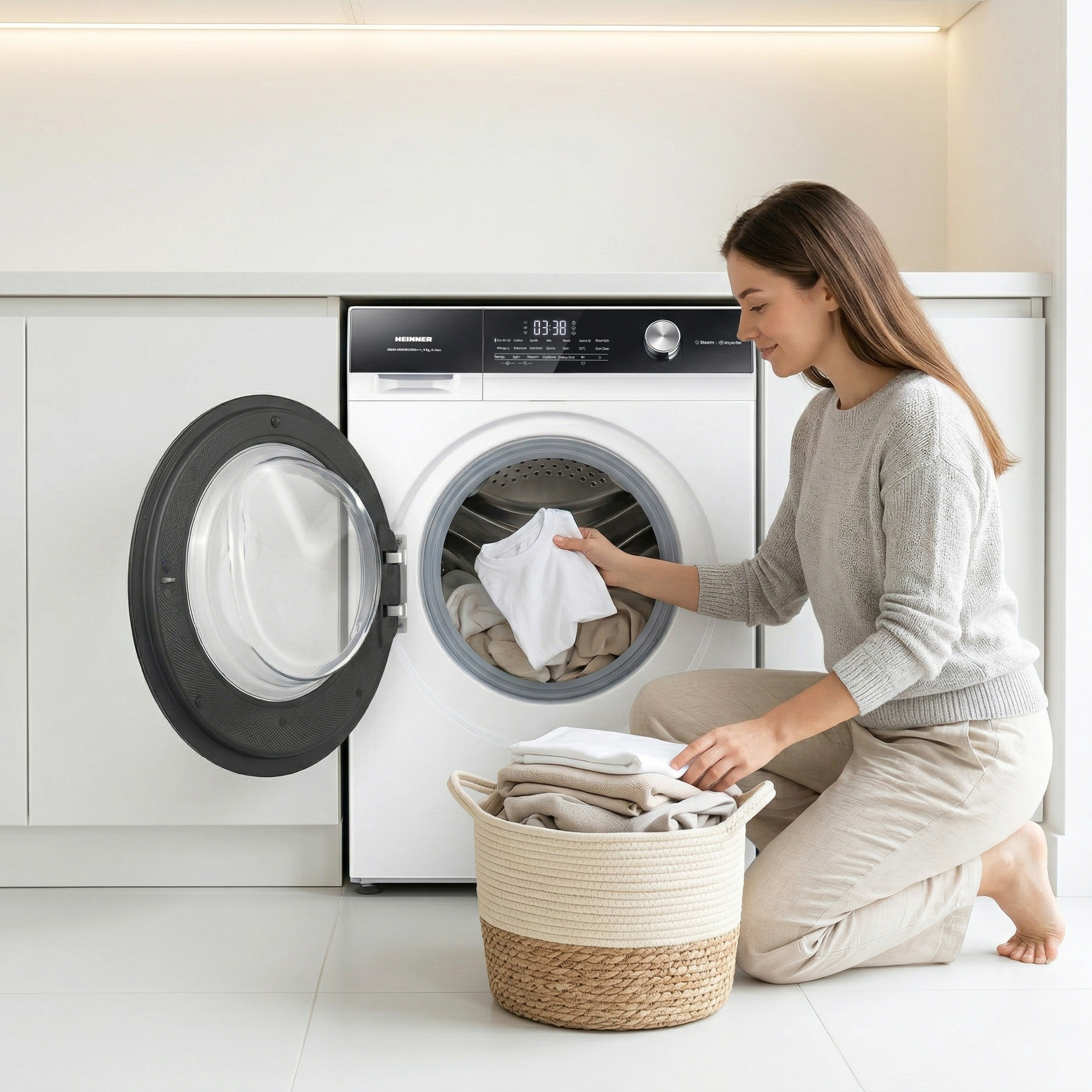Frau lädt Wäsche in eine Waschmaschine. Ein Korb mit Wäsche steht daneben.