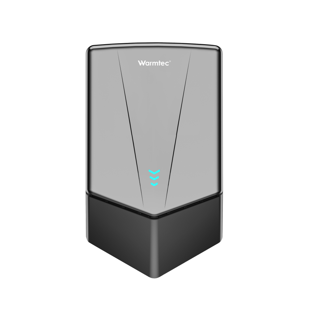 Szara suszarka do rąk z czarną podstawą i niebieskimi strzałkami.