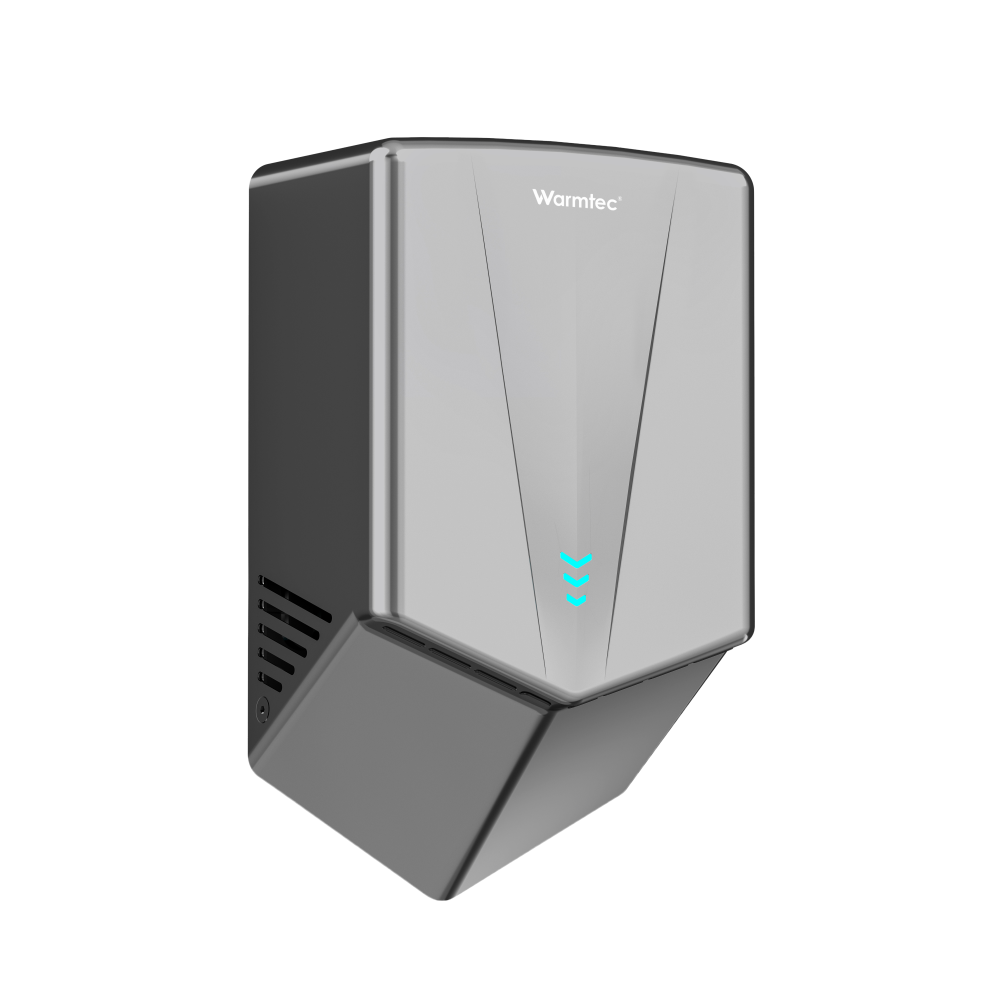 Srebrna suszarka do rąk z niebieskimi strzałkami i logo 'Warmtec'.