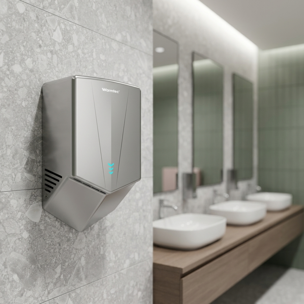 Srebrna suszarka do rąk na szarej ścianie obok umywalek i luster.