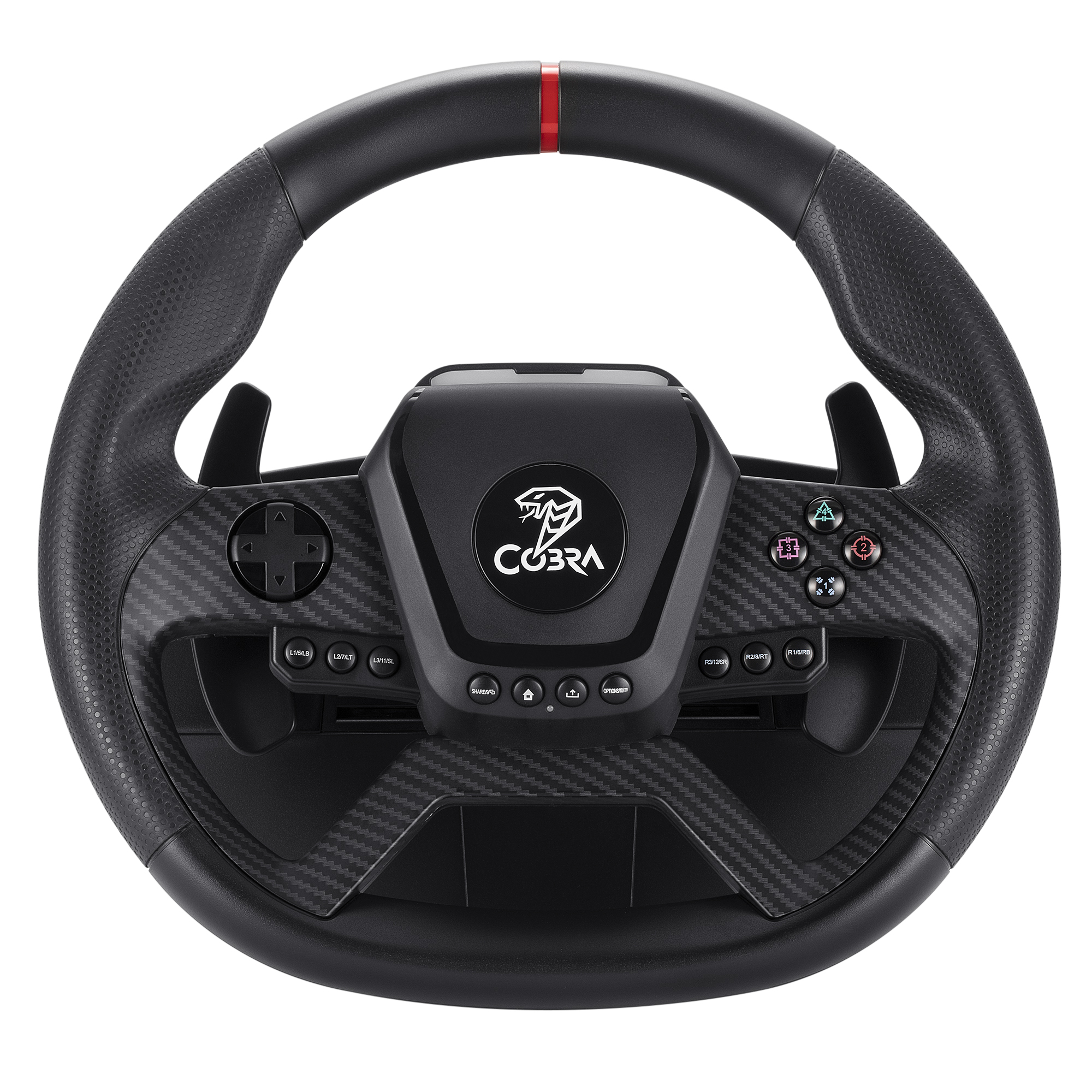 Czarna kierownica z akcentami carbonowymi, łopatkami i przyciskami.
