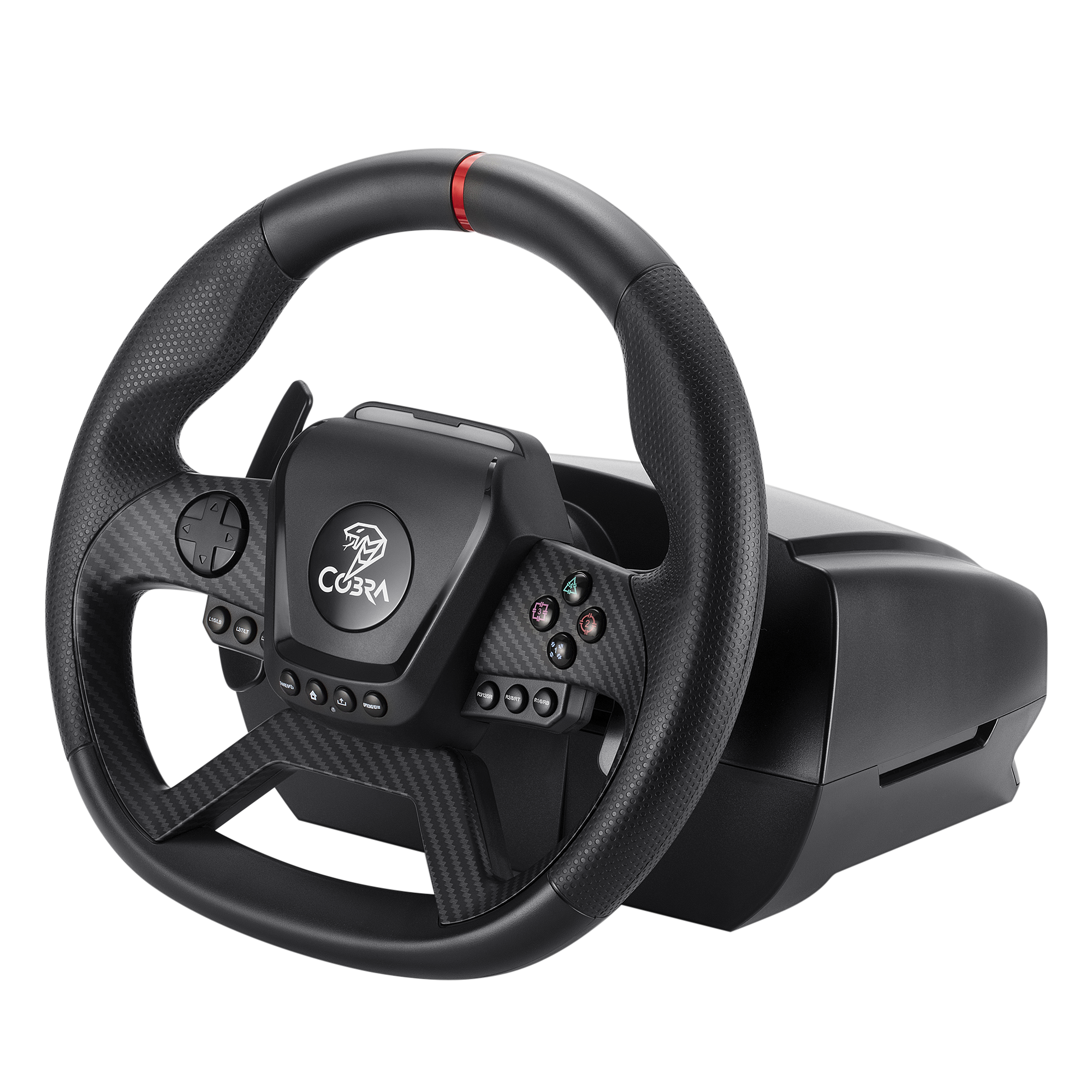 Czarna kierownica wyścigowa z logo COBRA i przyciskami.