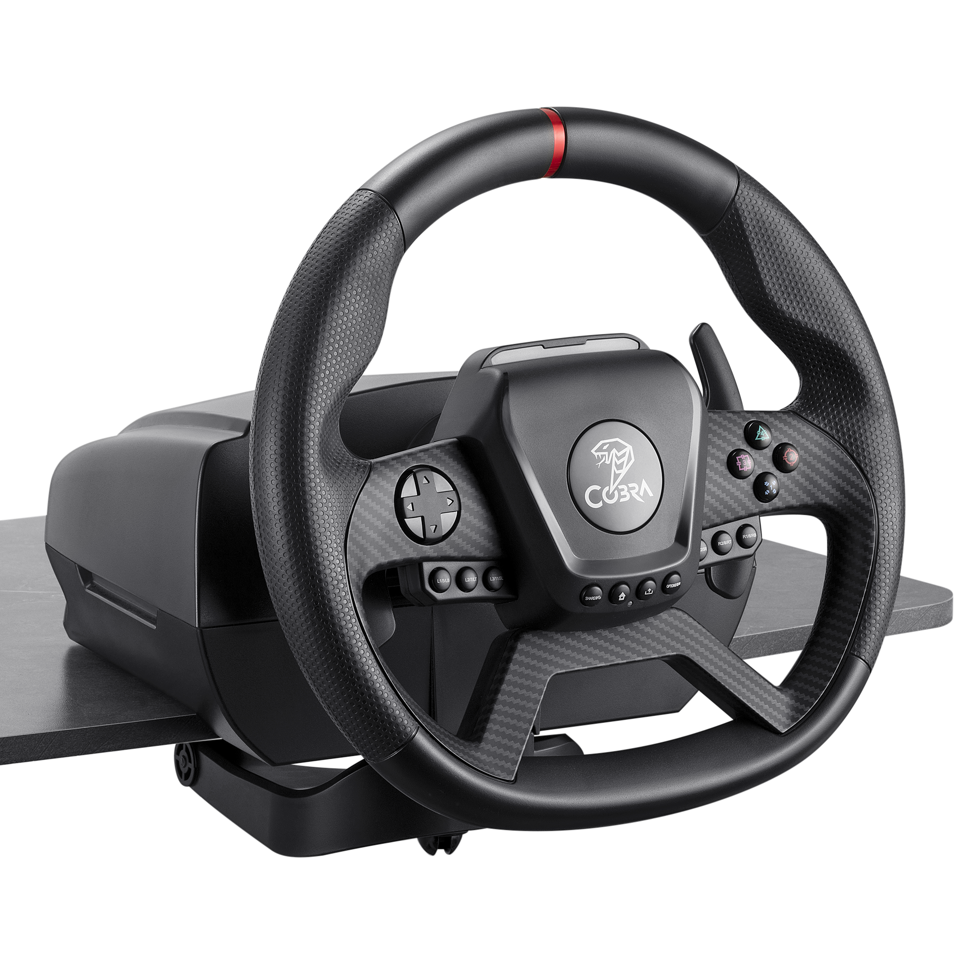 Czarne koło kierownicy do gier z akcentami z włókna węglowego i przyciskami.
