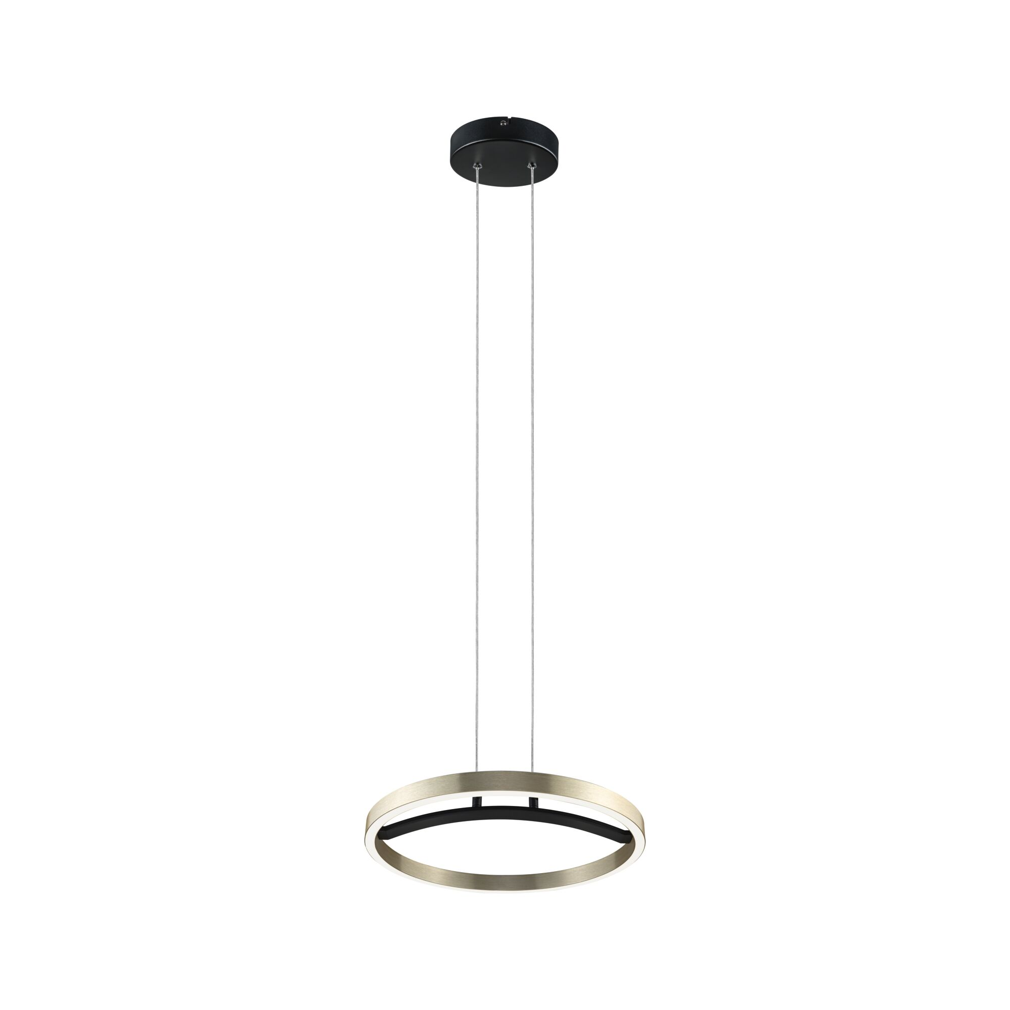 Czarny baldachim z wiszącą złotą lampą pierścieniową przymocowaną cienkimi linkami.