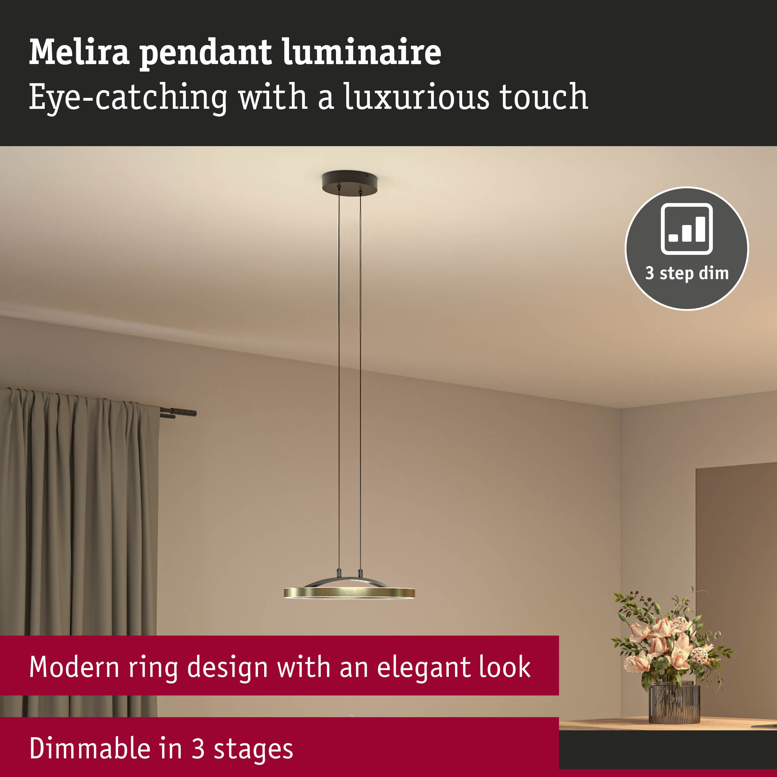 Nowoczesna lampa wisząca pierścieniowa z 3-stopniowym ściemnianiem.