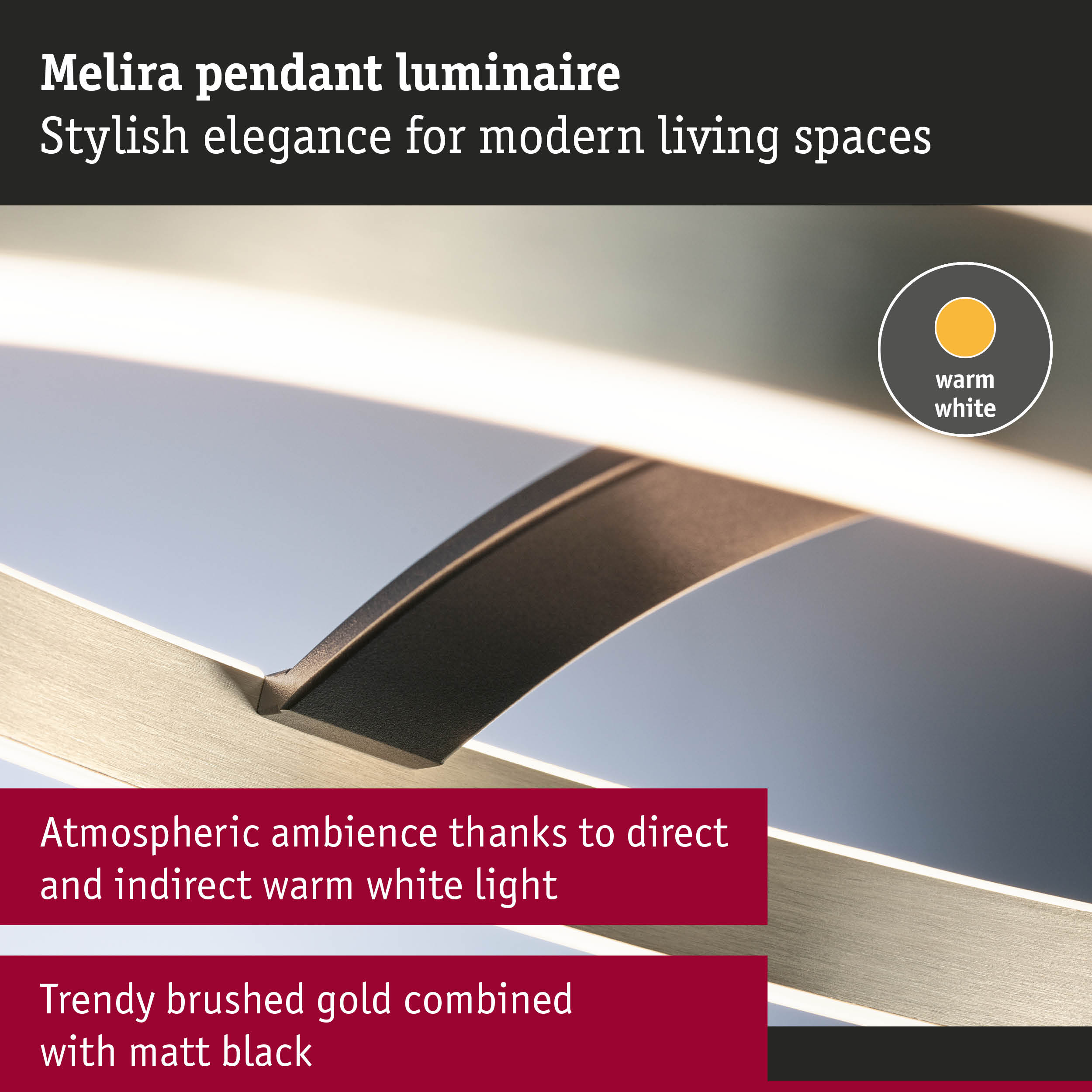Nowoczesna lampa wisząca z ciepłym białym światłem, szczotkowanym złotem i czarnym matem.
