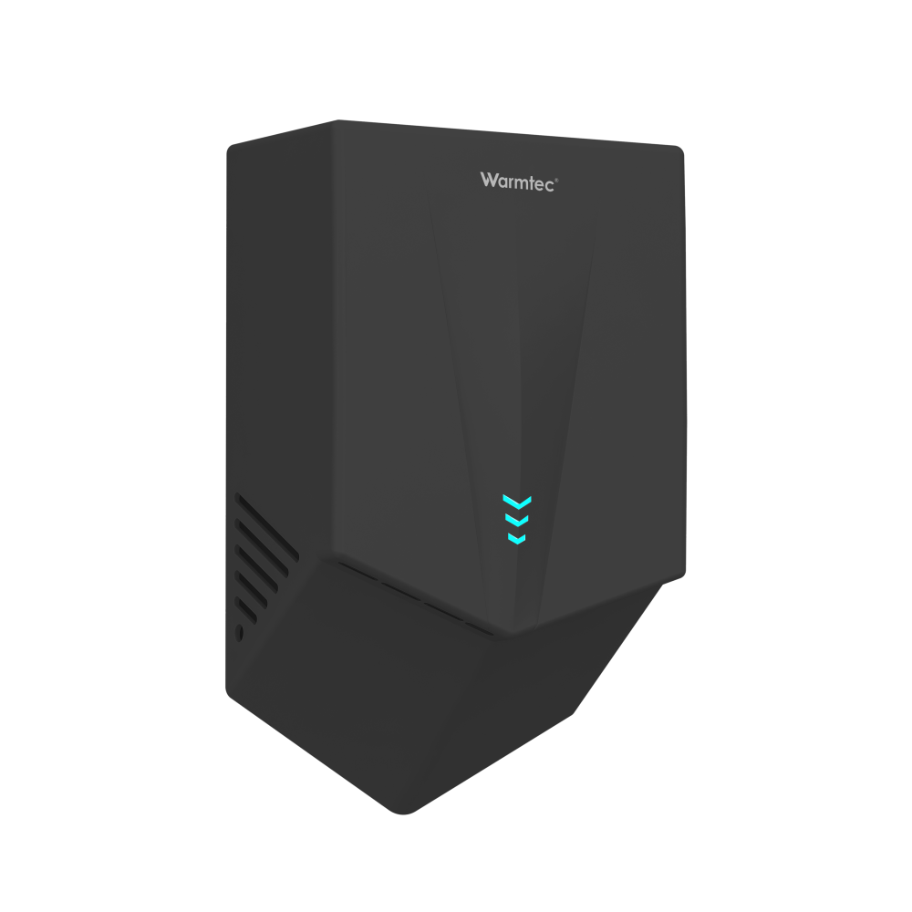 Czarna suszarka do rąk z logo Warmtec i niebieskimi strzałkami na ścianie.