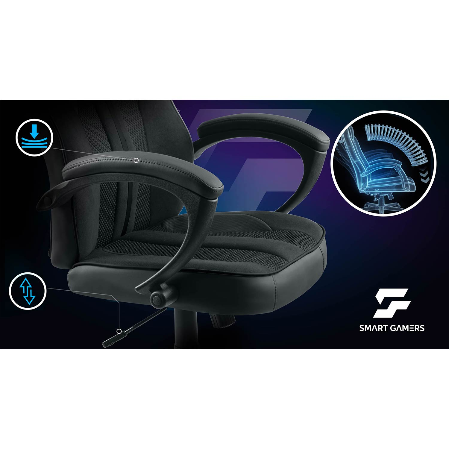 Czarny fotel gamingowy z niebieskimi ikonami wskazującymi regulację wysokości i odchylanie.