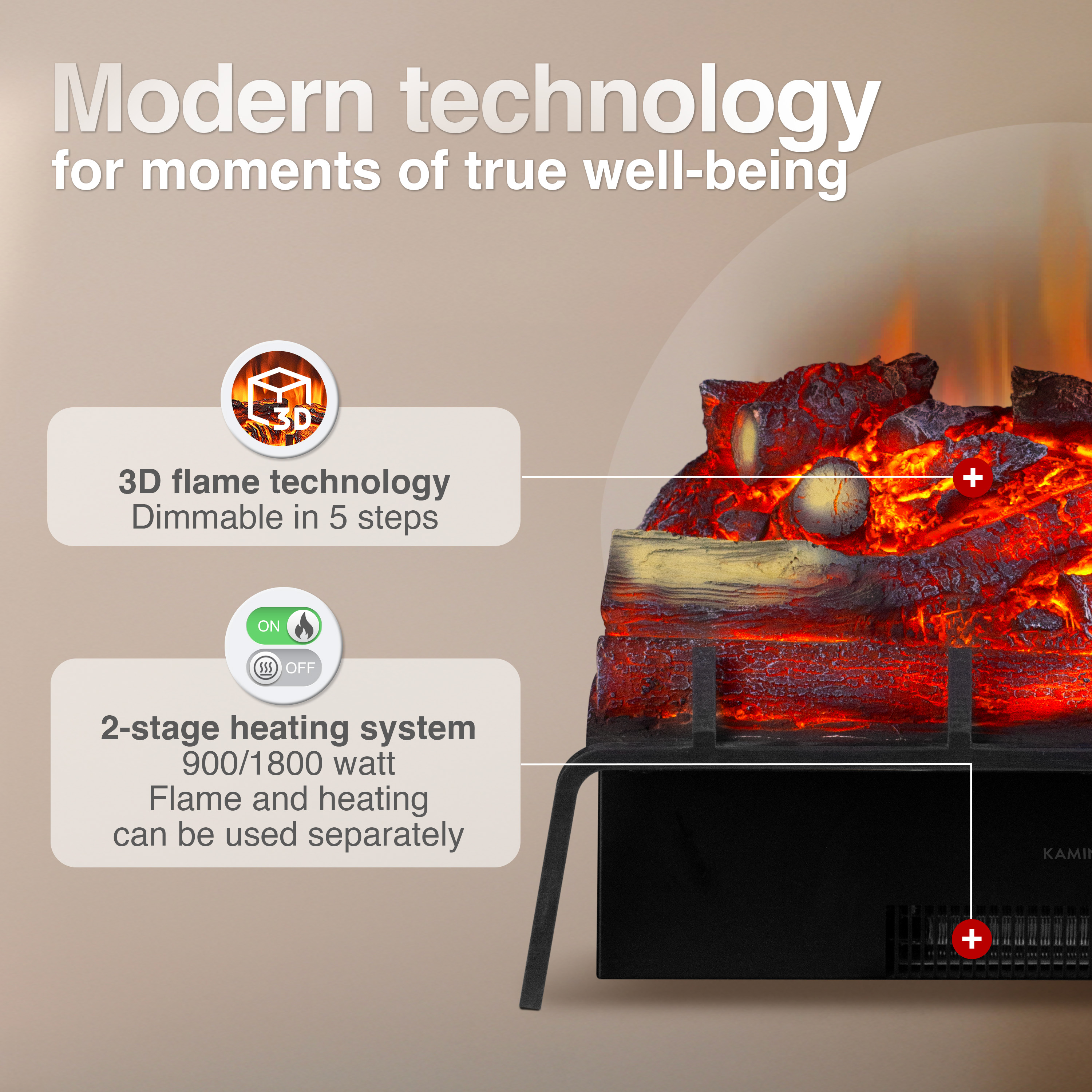 Una chimenea moderna con tecnología de llama 3D y sistema de calefacción de 2 etapas.