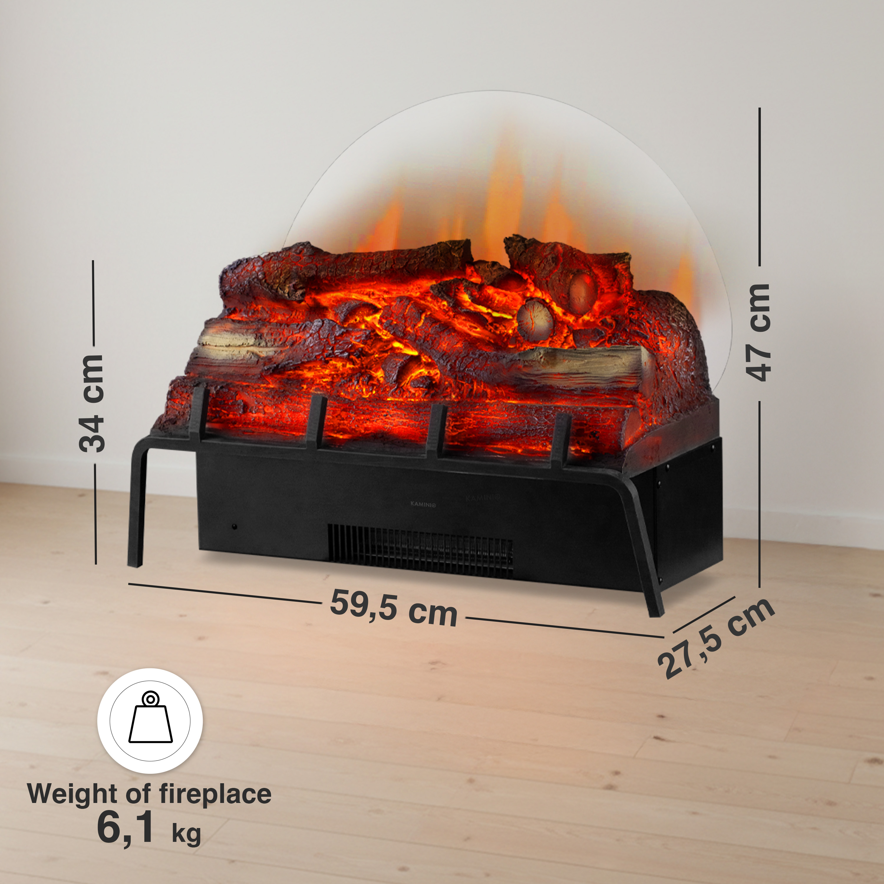 Una chimenea eléctrica con leños y llamas incandescentes, se muestran las dimensiones.