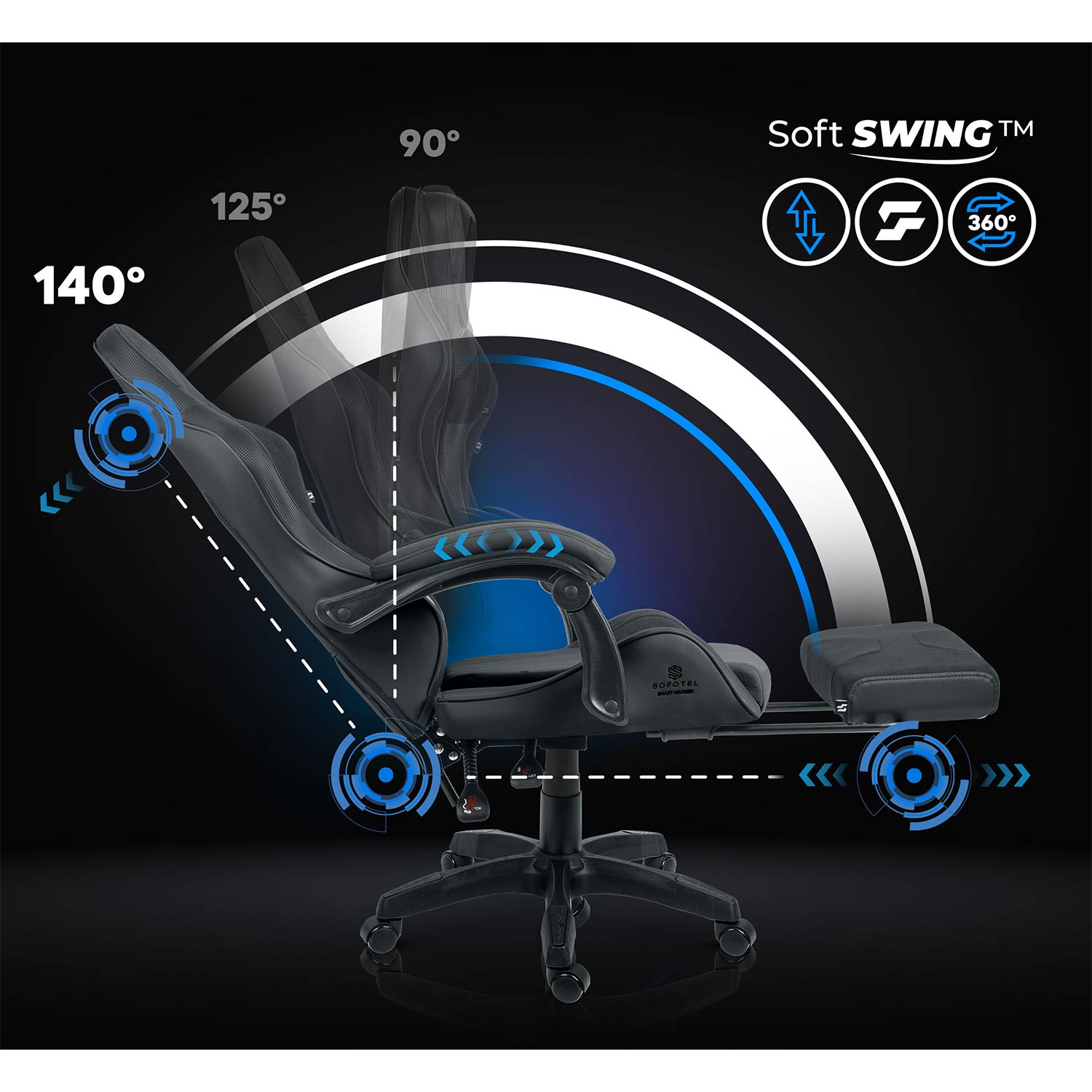 Czarny fotel gamingowy z regulowanym oparciem pod różnymi kątami.