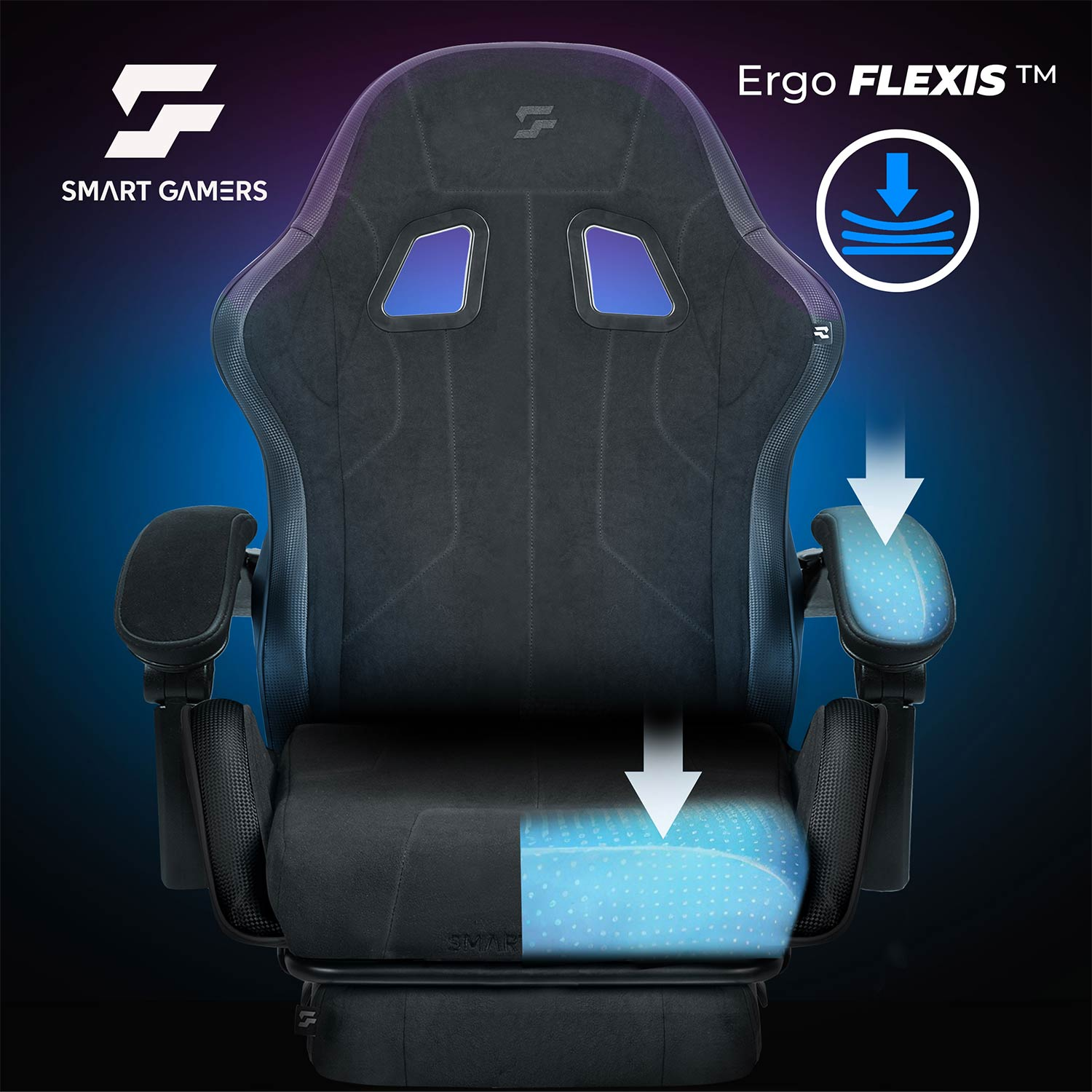 Czarny ergonomiczny fotel gamingowy z niebieskimi akcentami. Zawiera grafikę "Ergo Flexis".