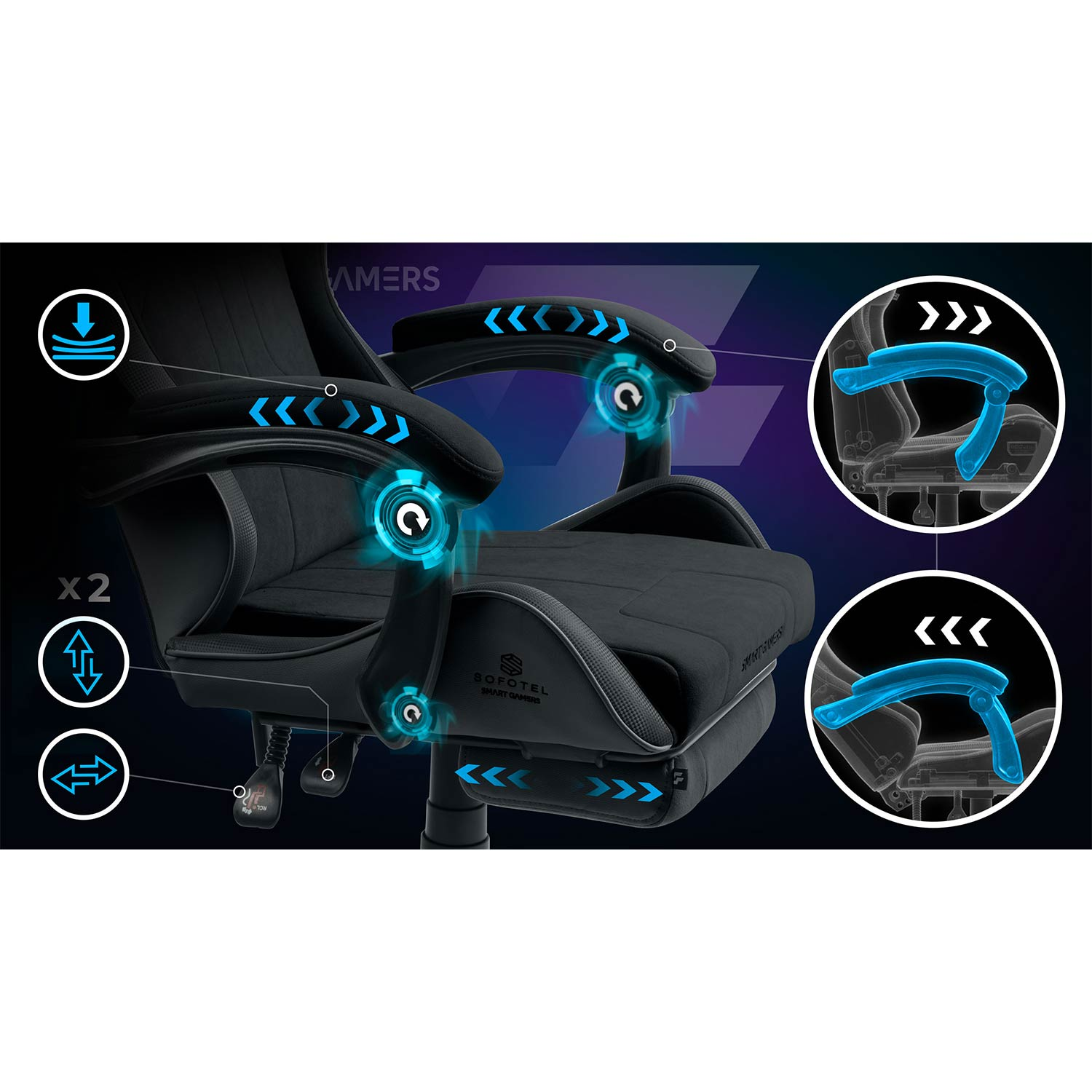 Czarny fotel gamingowy z niebieskimi podświetleniami pokazującymi funkcje.