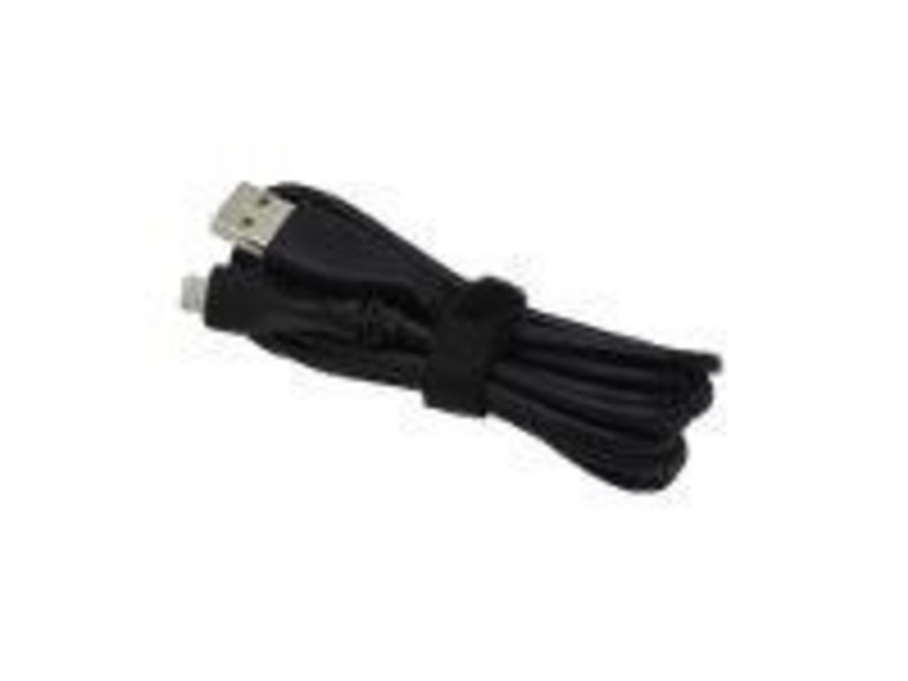 Czarny kabel USB związany paskiem na rzepy.