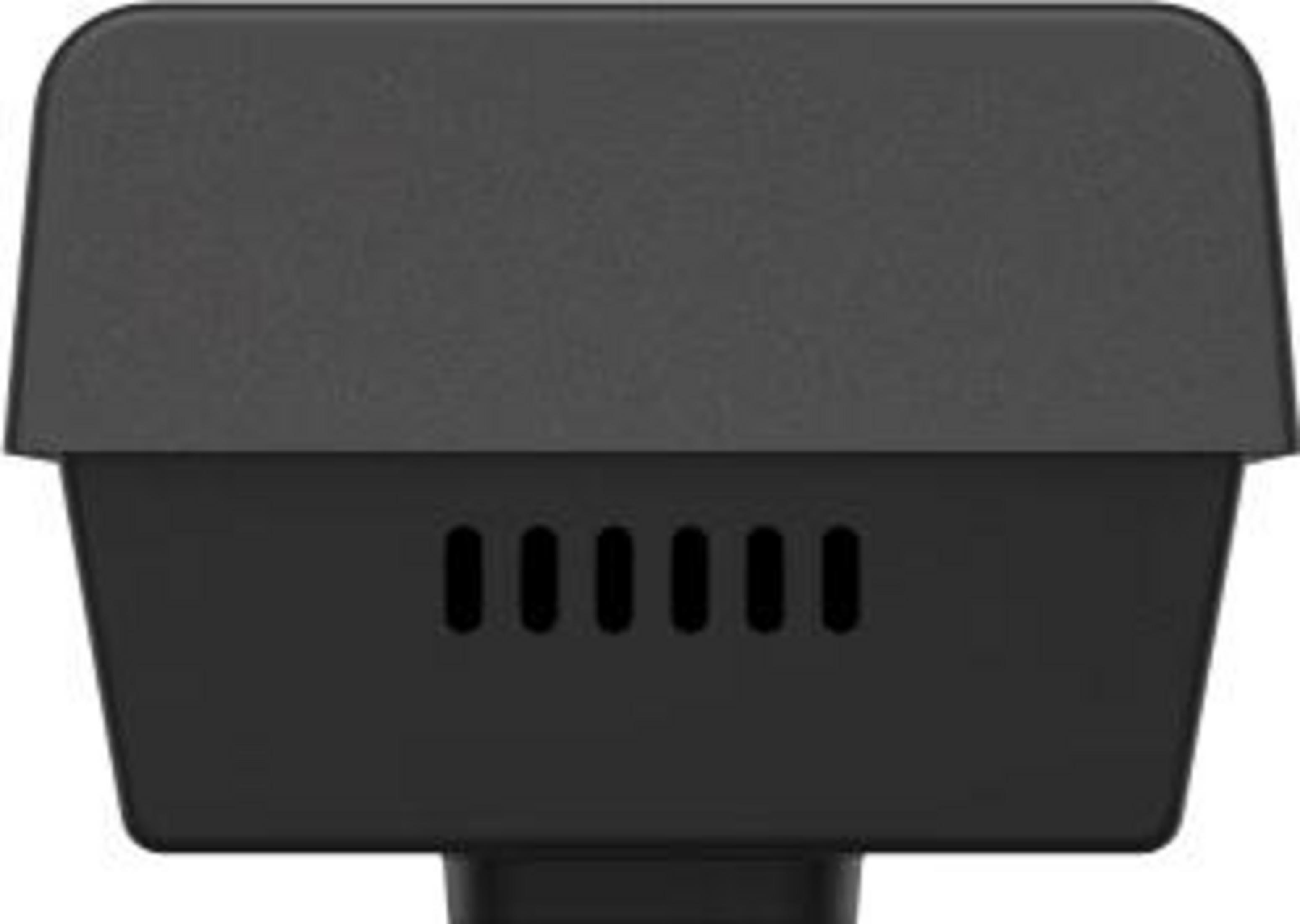 Schwarzes elektronisches Gerät mit Lüftungsschlitzen, Nahaufnahme.