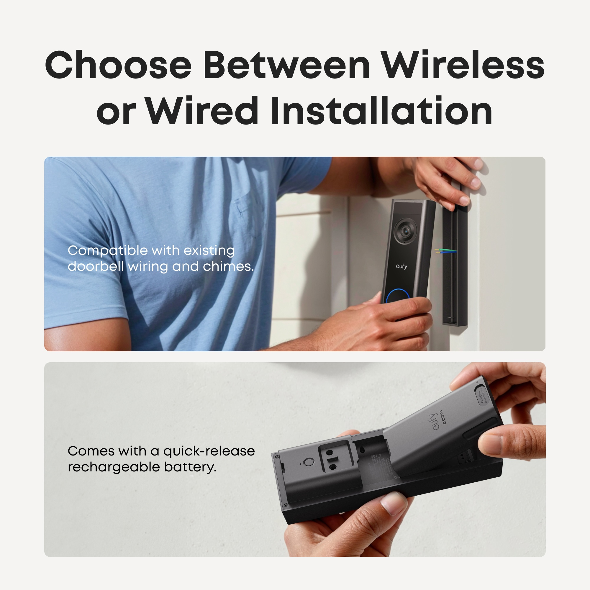 Ein Mann installiert eine Türklingel und eine Batterie. Es gibt zwei Installationsmöglichkeiten.