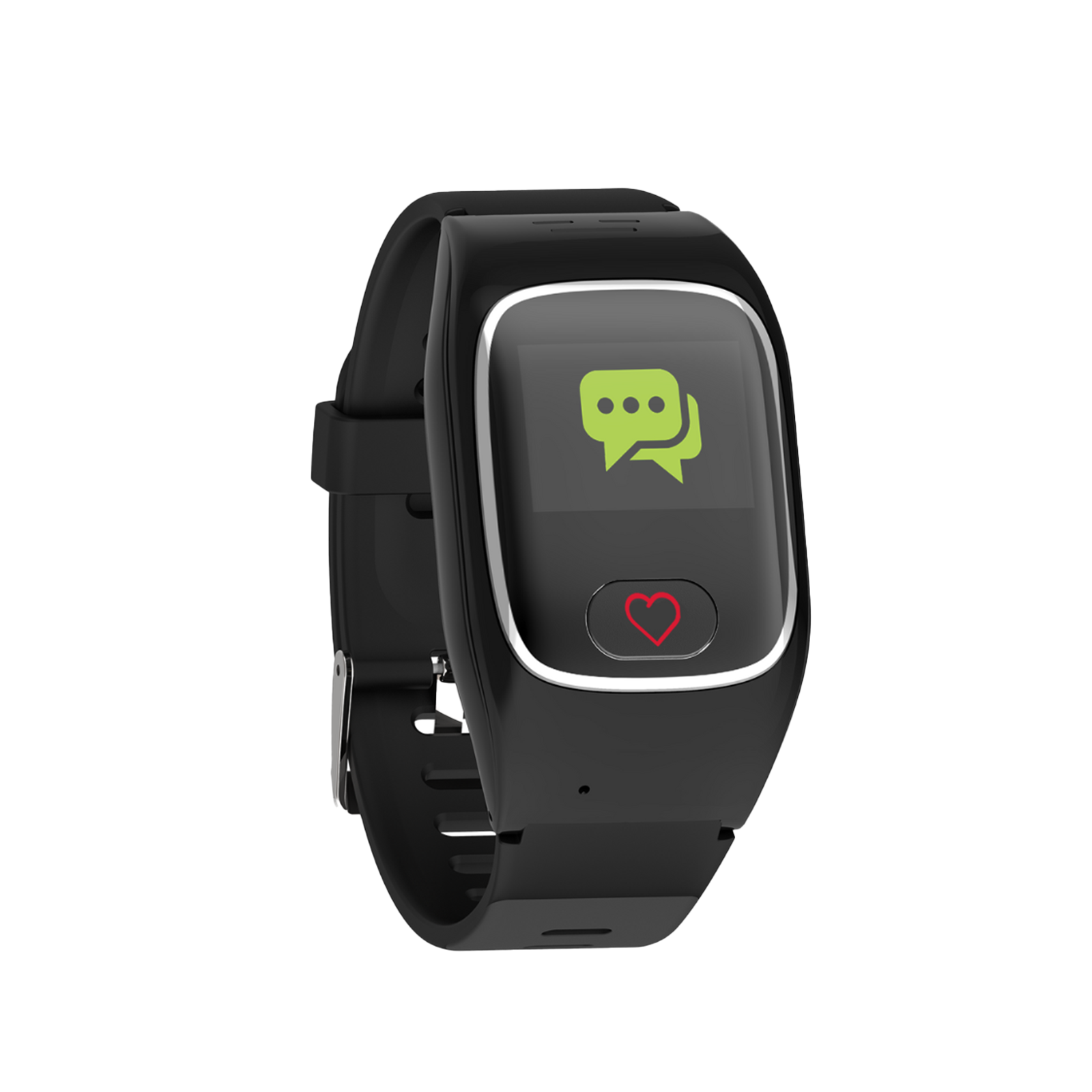Schwarzes Smartwatch mit Chat-Symbol und Herzsymbol auf dem Display.