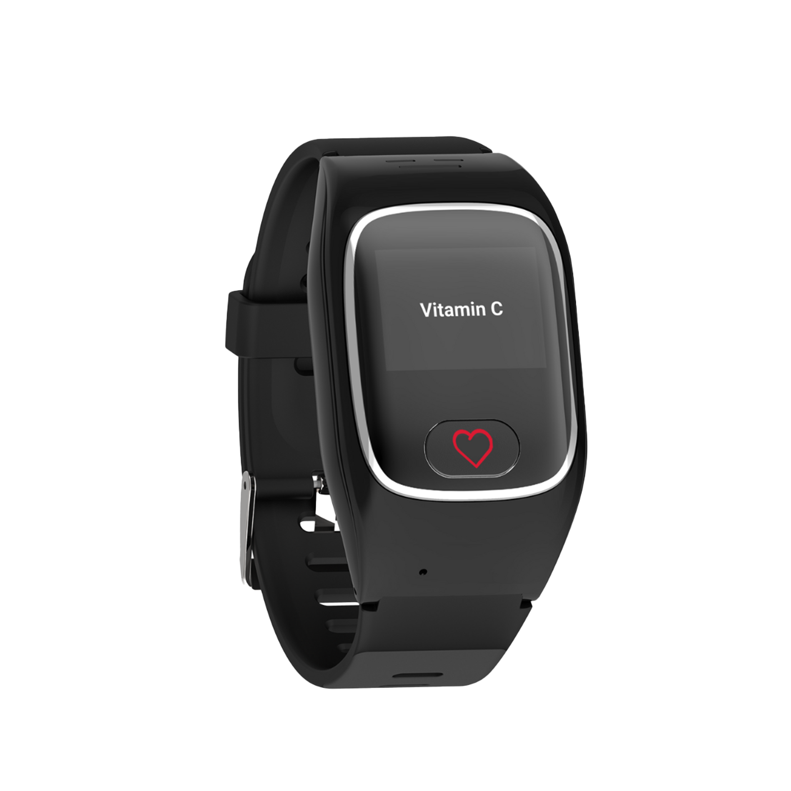 Schwarzes Smartwatch mit "Vitamin C" und Herz-Symbol auf dem Display.