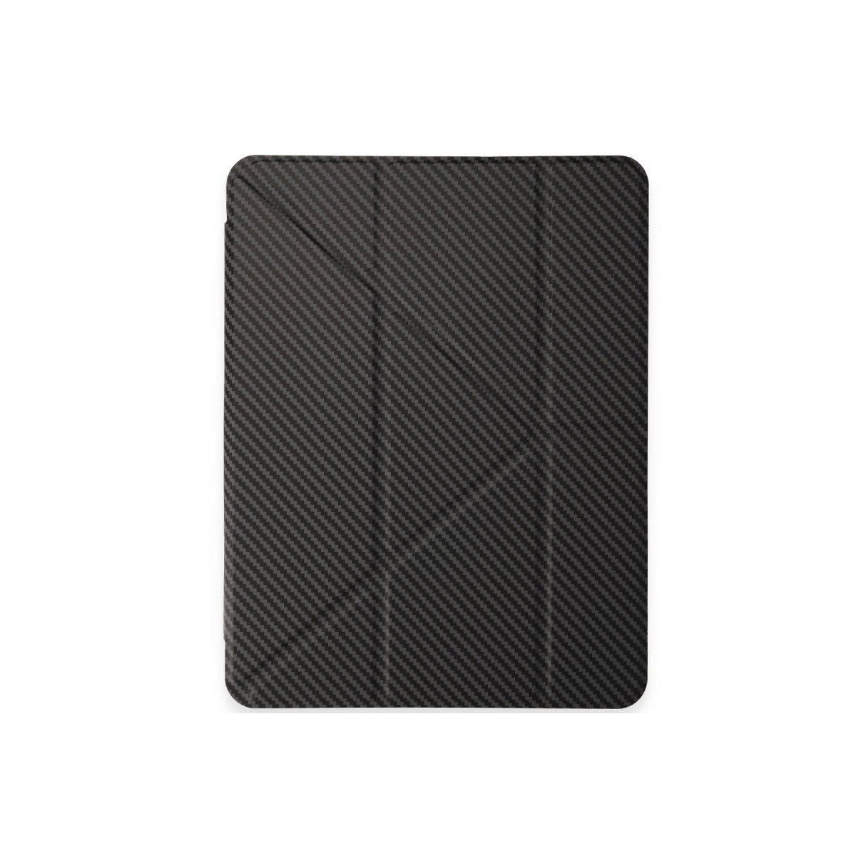 Karbon fiber desenli ve katlamalı siyah tablet kılıfı.