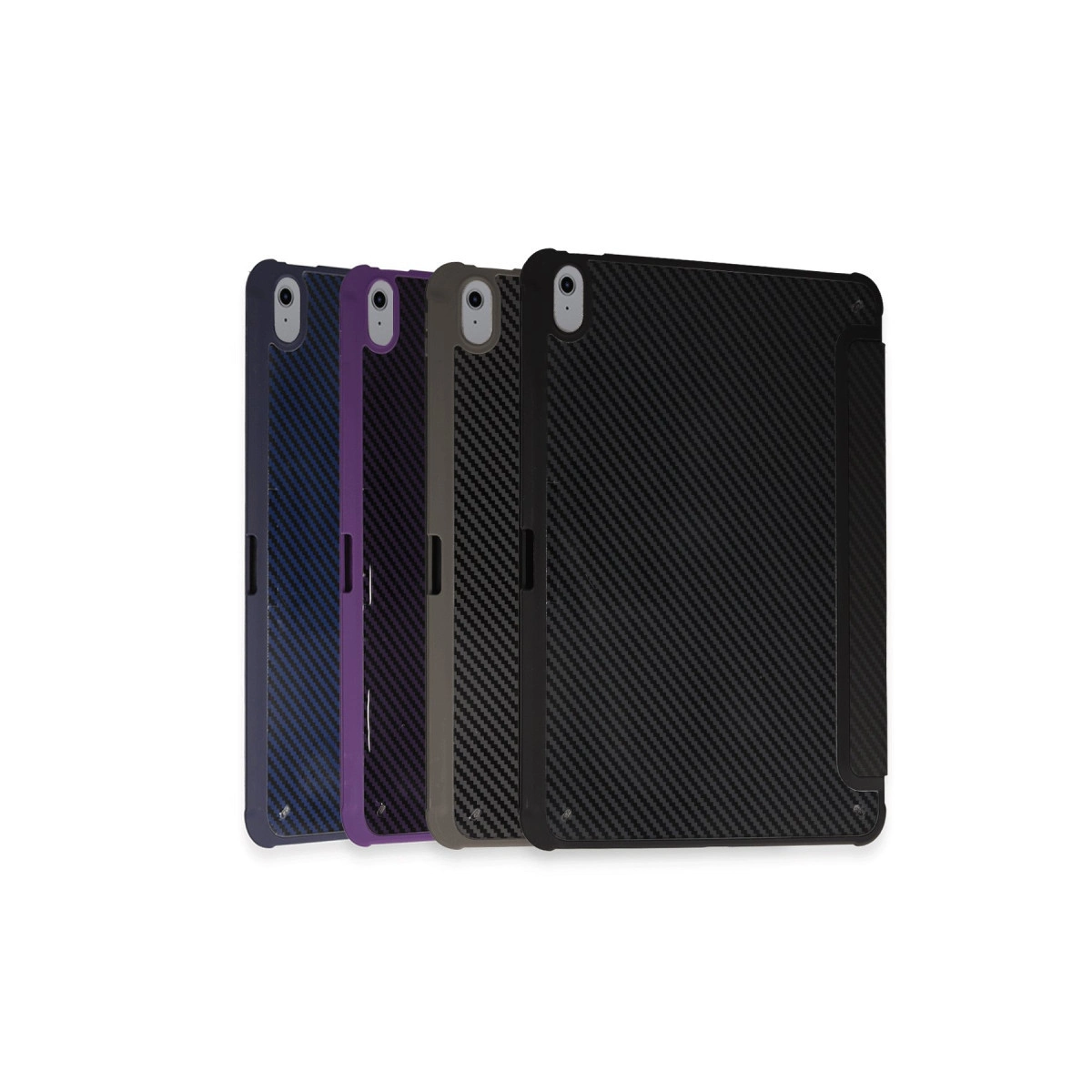 Karbon fiber görünümlü dört tablet kılıfı: lacivert, mor, gri ve siyah.
