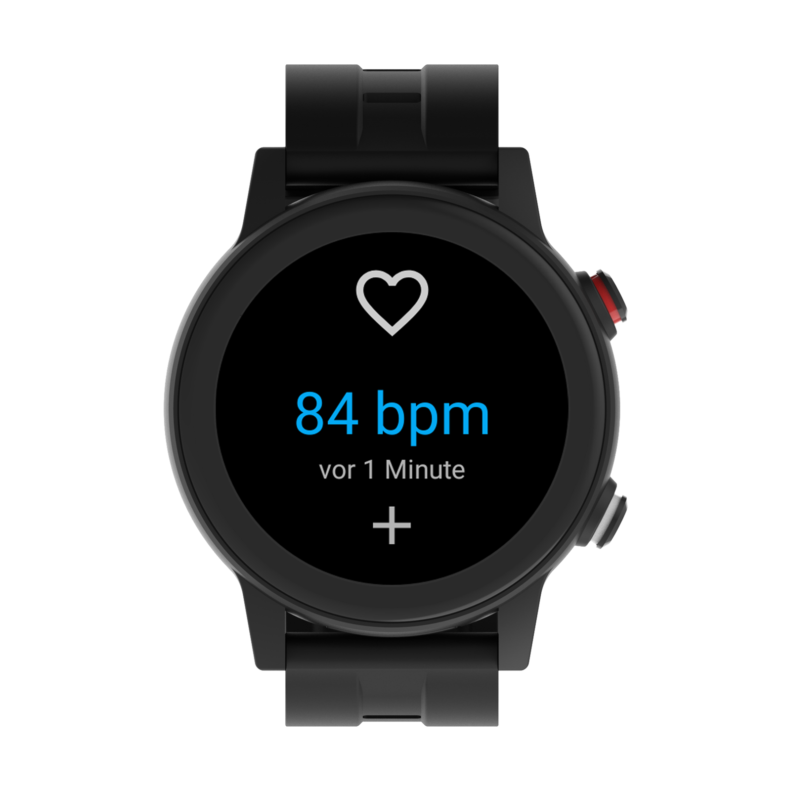 Schwarze Smartwatch mit Herzsymbol, 84 bpm, vor 1 Minute.