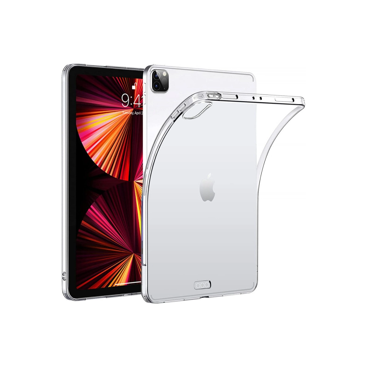 Arkada Apple logosu ve açık ekranı olan şeffaf tablet kılıfı.