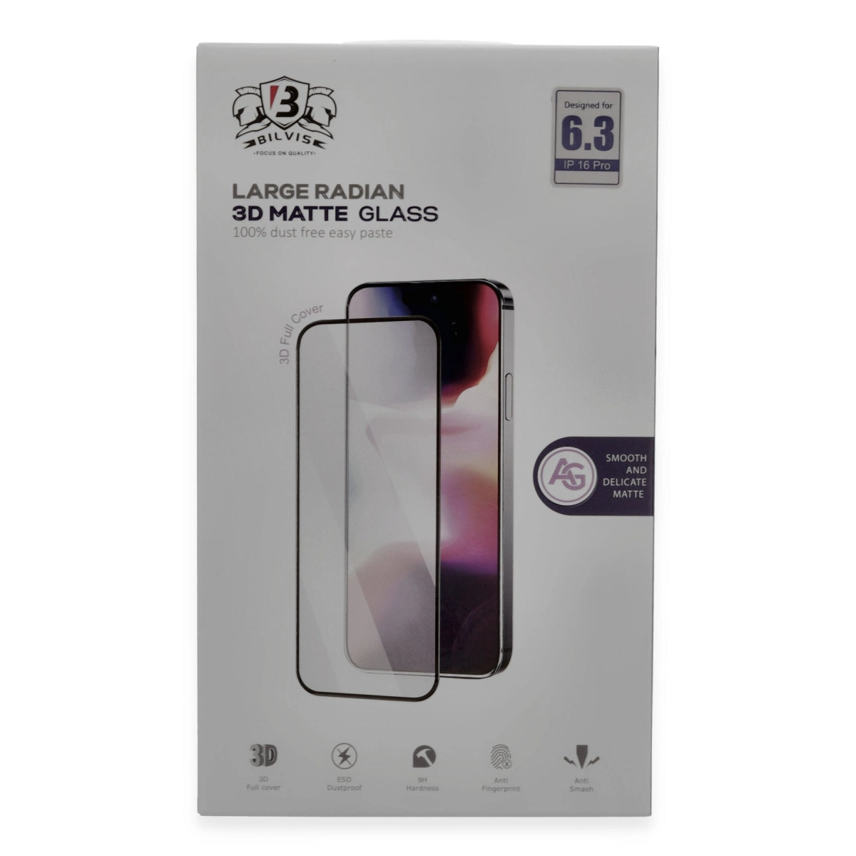 iPhone 16 Pro için mat 3D ekran koruyucu ambalajı.