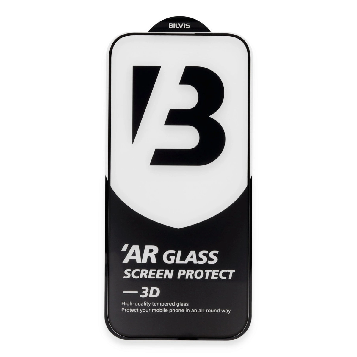 Büyük siyah '3' logolu BILVIS AR GLASS 3D ekran koruyucu ambalajı.