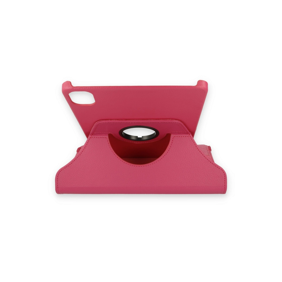 Pembe tablet standı, tutamaklı ve arka kamera için kesiklidir.
