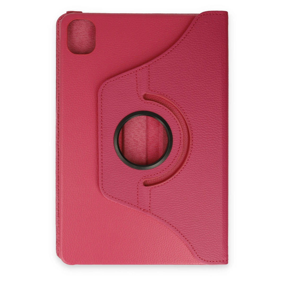 Döndürülebilir halkalı ve dikişli detaylara sahip pembe tablet kılıfı, beyaz arka plan.
