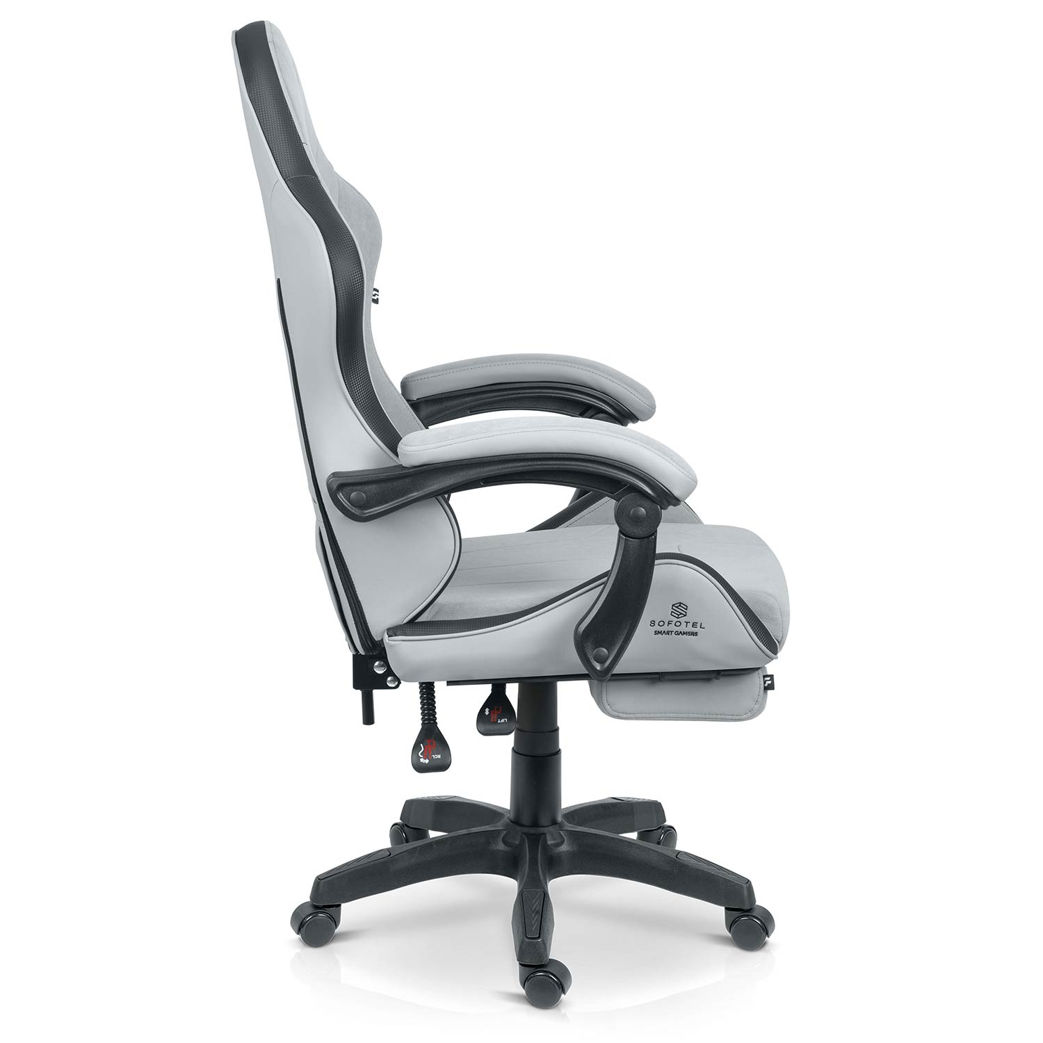 Szare krzesło gamingowe z regulowanymi podłokietnikami i podnóżkiem na czarnej podstawie.