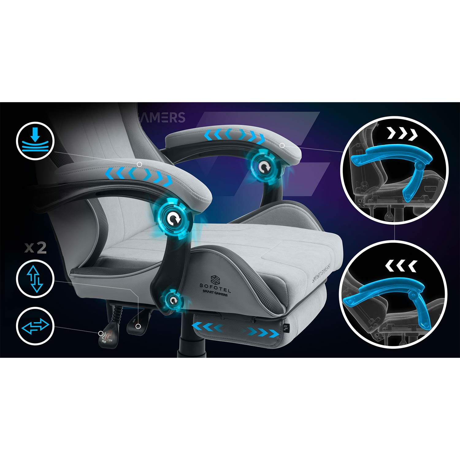 Szare krzesło gamingowe z niebieskimi akcentami podkreślającymi funkcje.