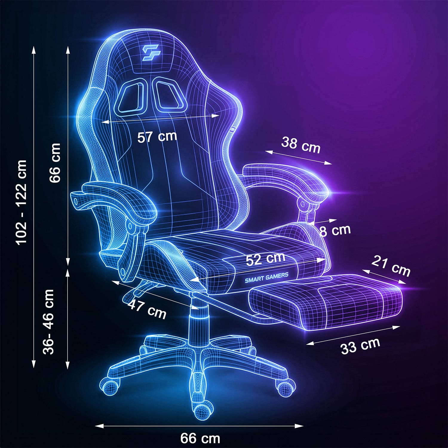 Grafika 3D fotela gamingowego z wymiarami: Wysokość 102-122cm, szerokość 66cm.