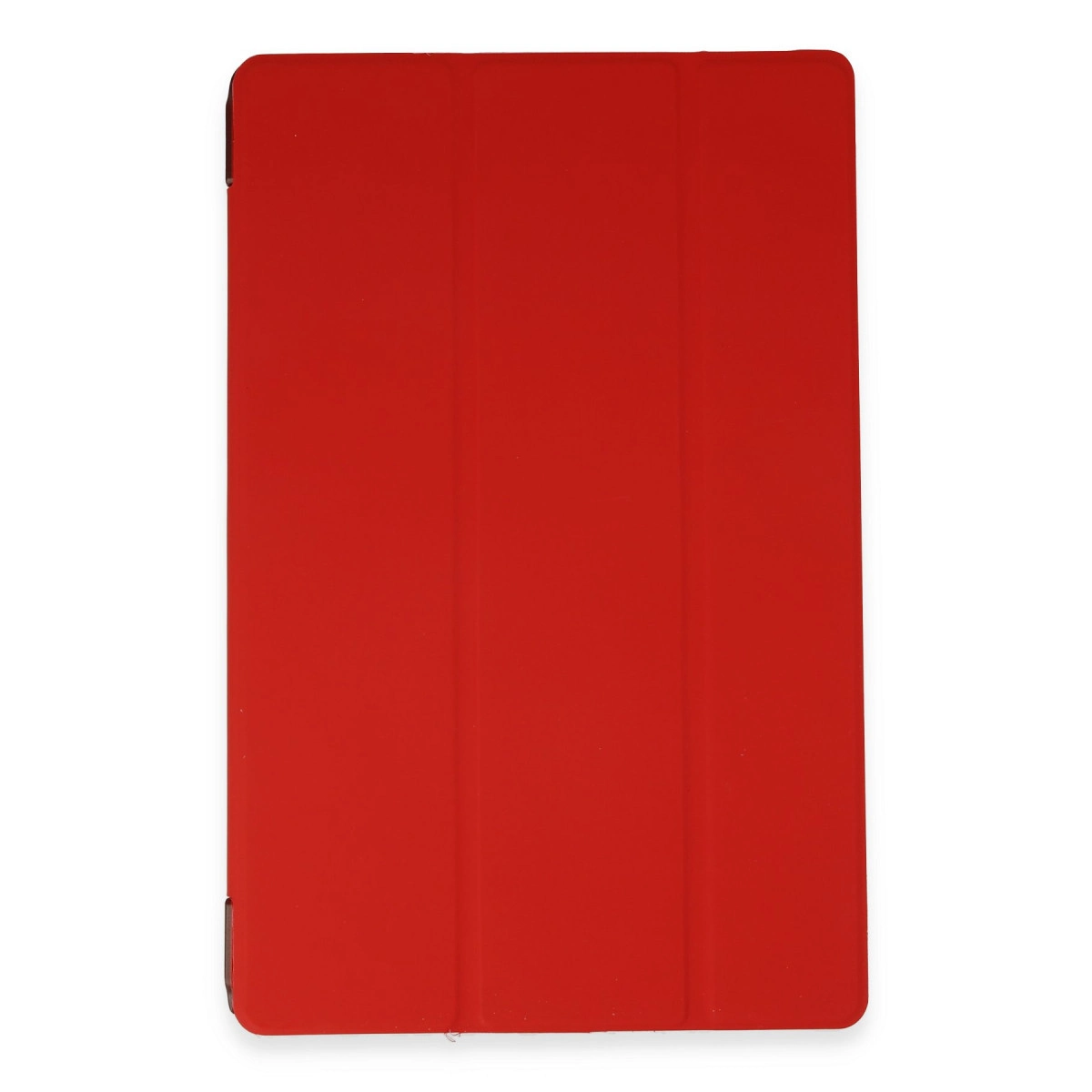 Kırmızı tablet kılıfı, kapalı ve beyaz zeminde duruyor.