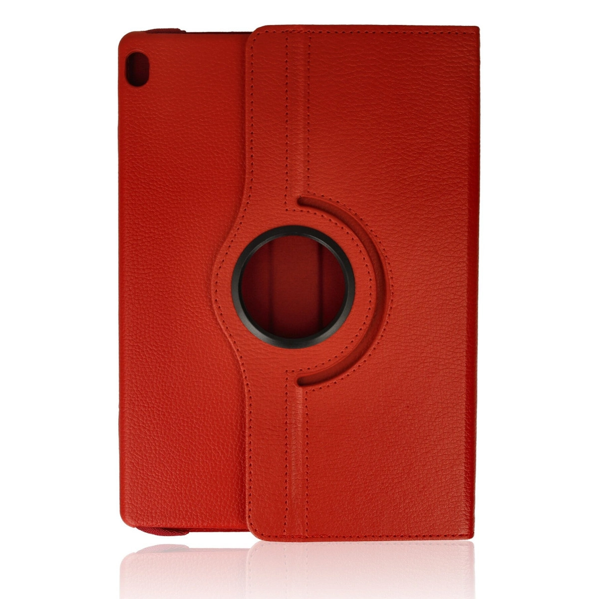 Kamera için dairesel kesimli kırmızı deri tablet kılıfı.
