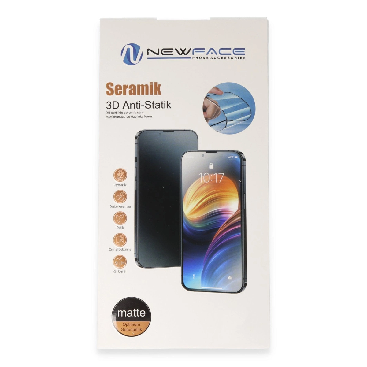 Newface Seramik 3D Anti-Statik ekran koruyucu ambalajı, telefon görseli içerir.