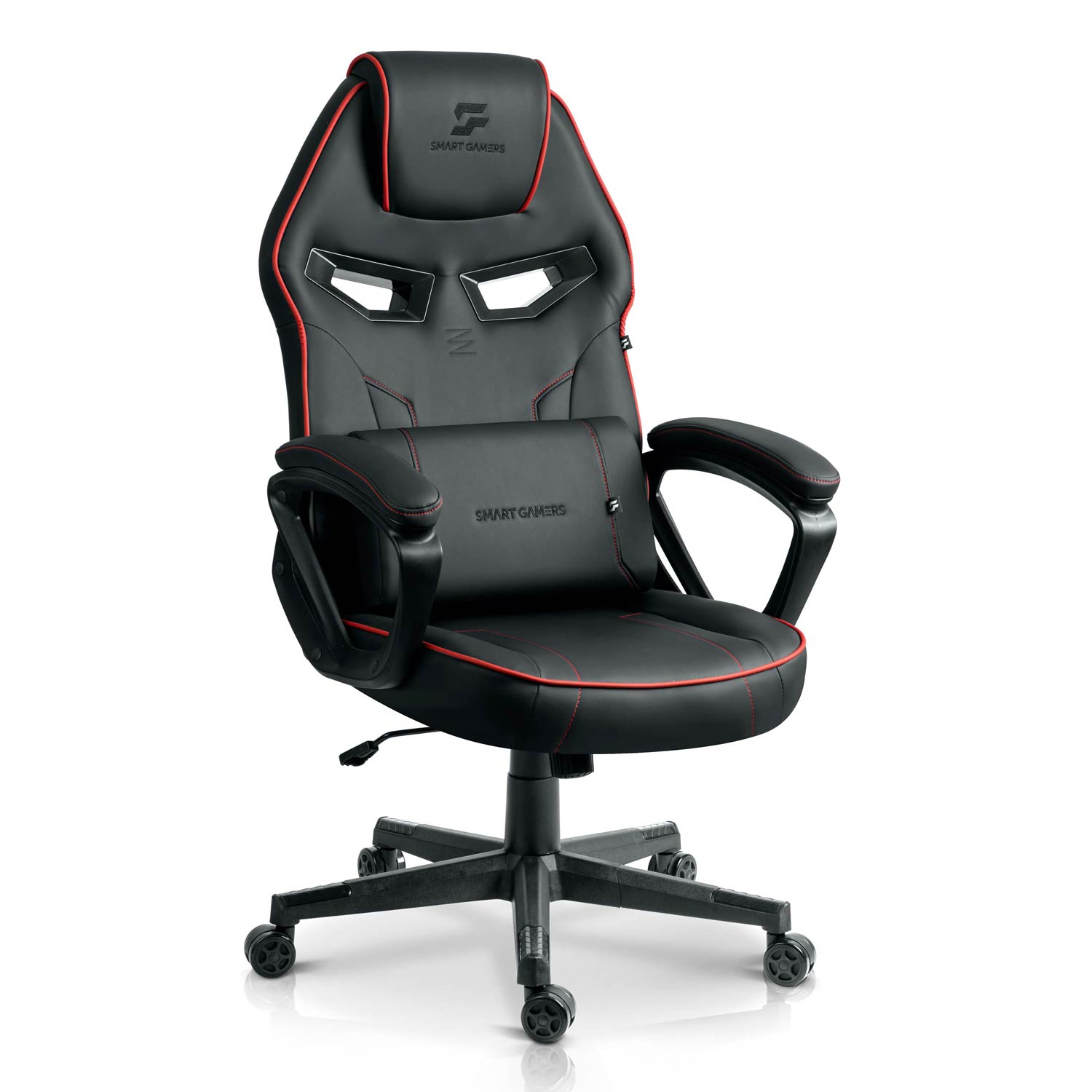 Czarny fotel gamingowy z czerwonymi obszyciami, logo na zagłówku i poduszką.