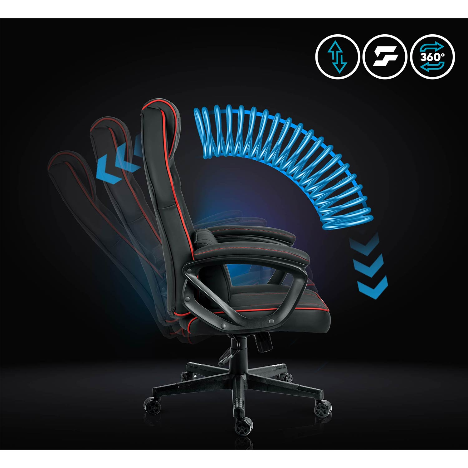 Czarny fotel gamingowy z czerwonymi przeszyciami, pokazujący regulowane oparcie i obrót 360°.