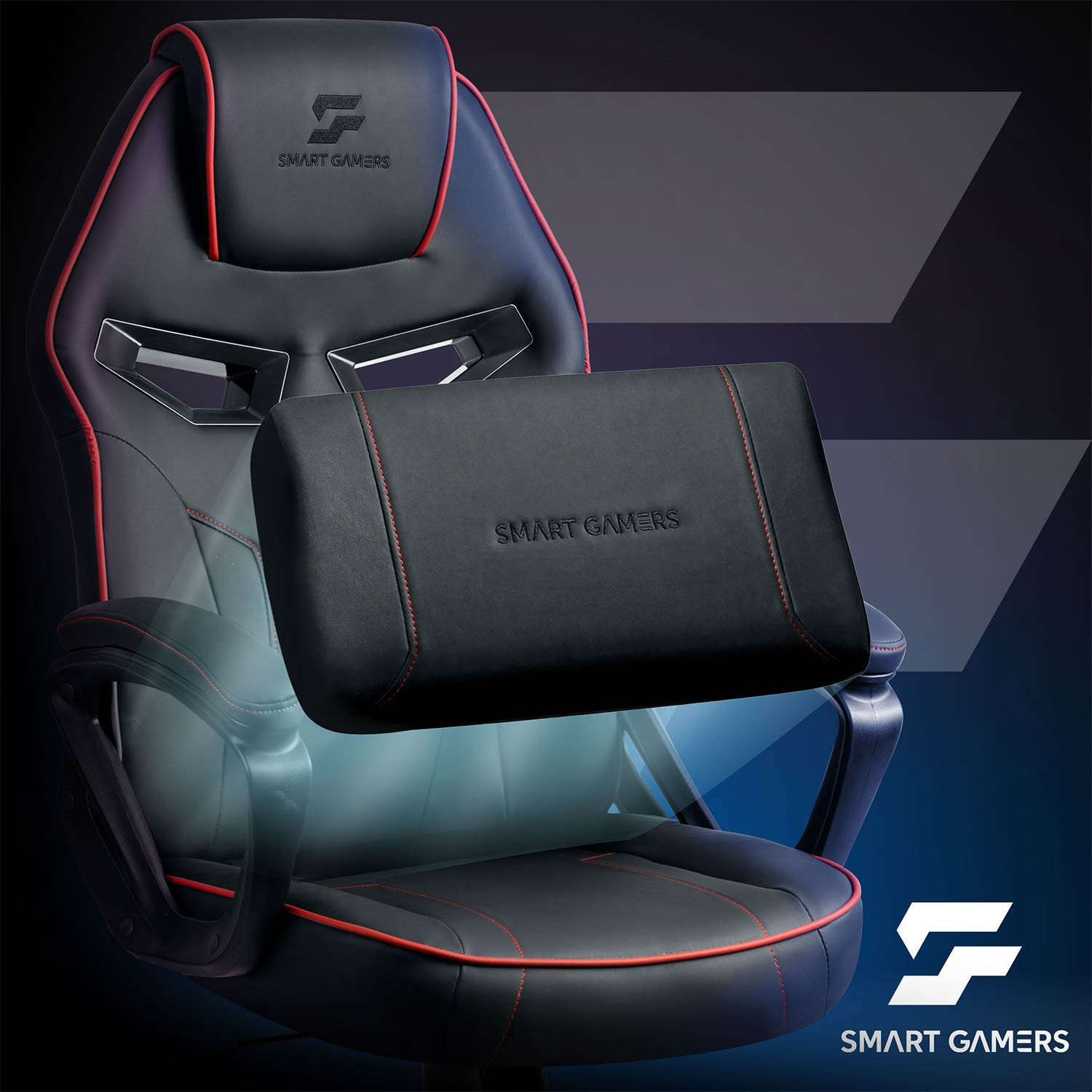 Czarny fotel gamingowy z czerwonymi szwami i poduszką lędźwiową. Logo Smart Gamers.