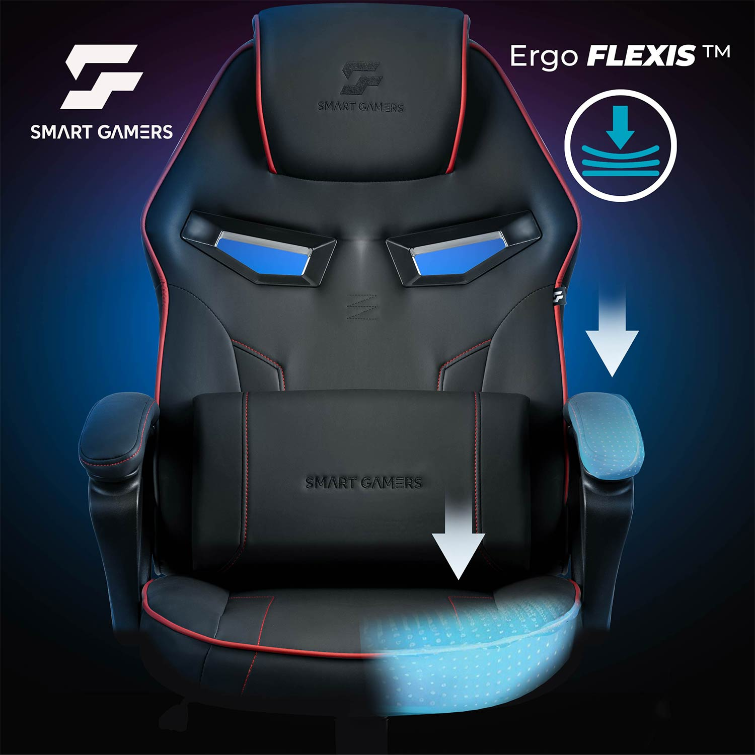 Czarny fotel gamingowy z czerwonymi przeszyciami, regulowaną poduszką lędźwiową i niebieskimi akcentami.