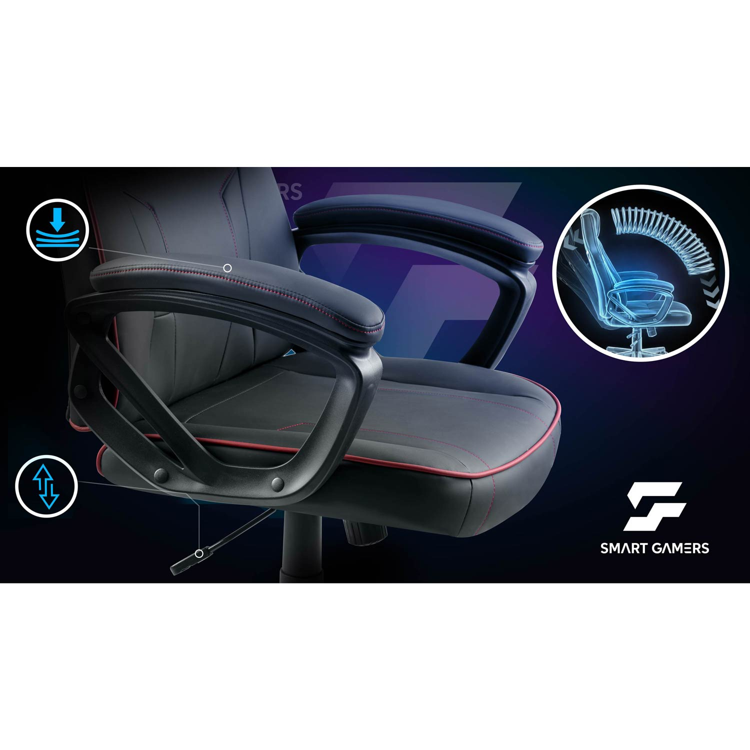 Czarny fotel gamingowy z czerwonymi szwami, regulacją wysokości i sprężyną.